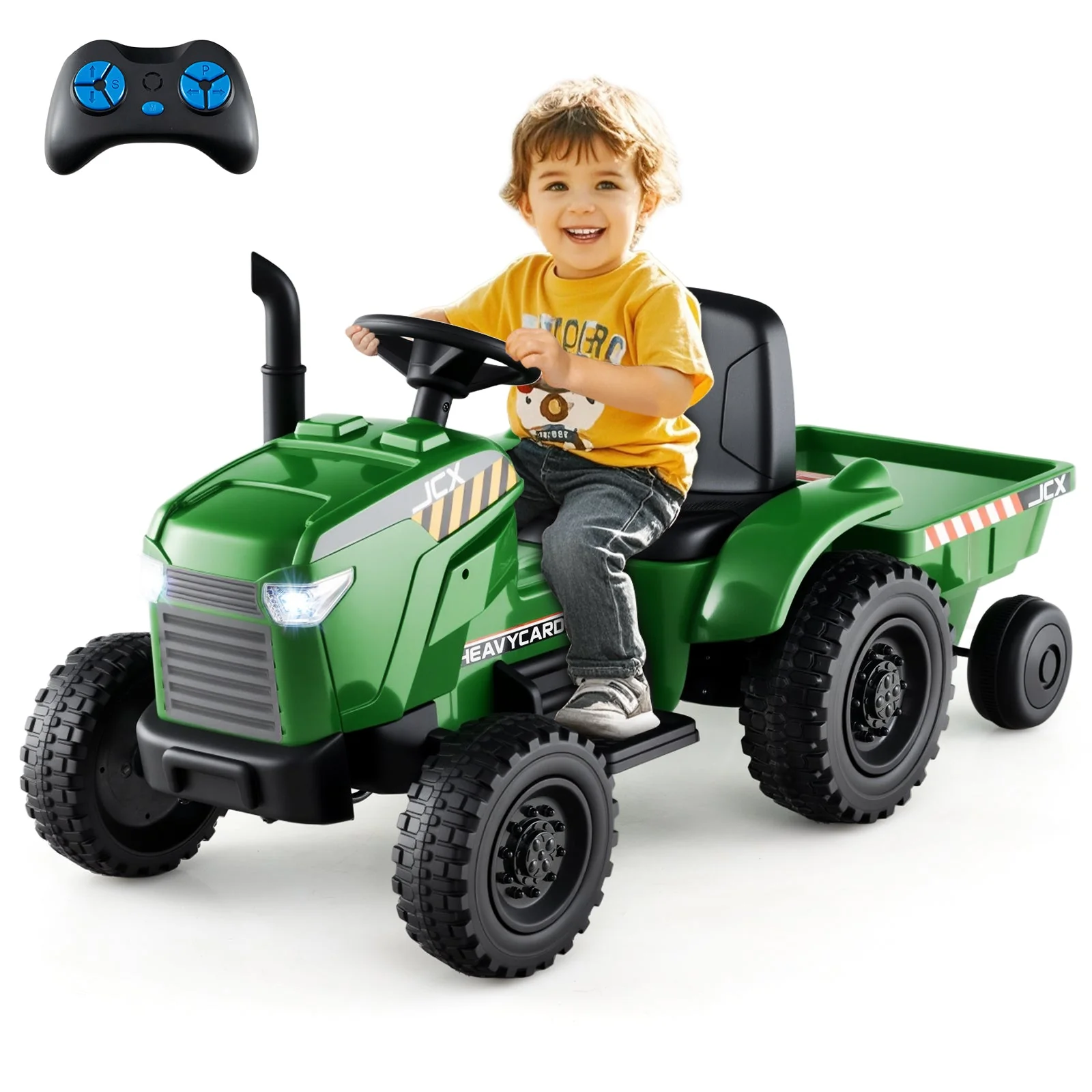12V 2-in-1 Kids Ride On Tractor with Trailer and 3-Gear Shift-Grayish Green - Image 3