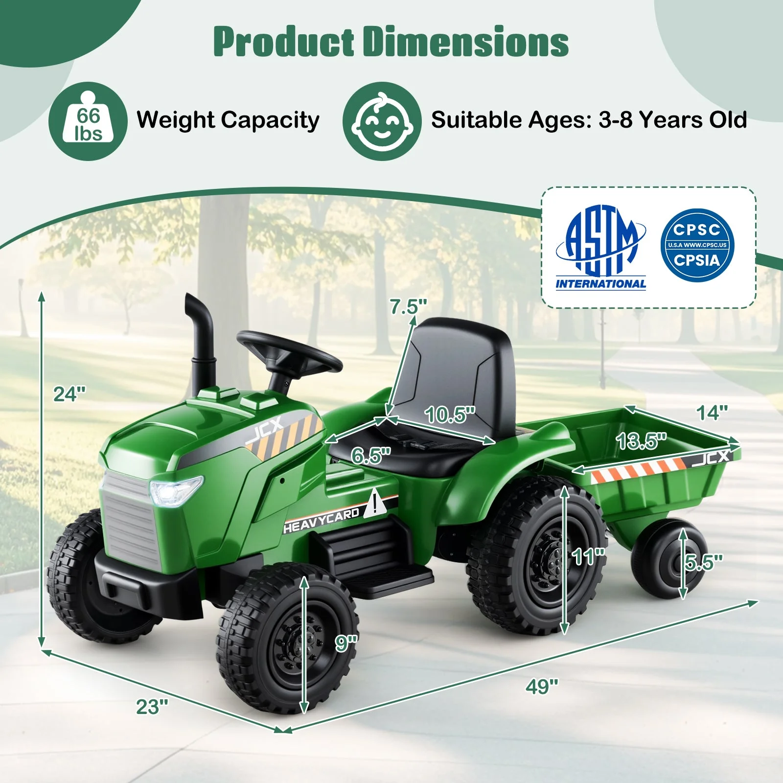 12V 2-in-1 Kids Ride On Tractor with Trailer and 3-Gear Shift-Grayish Green - Image 4