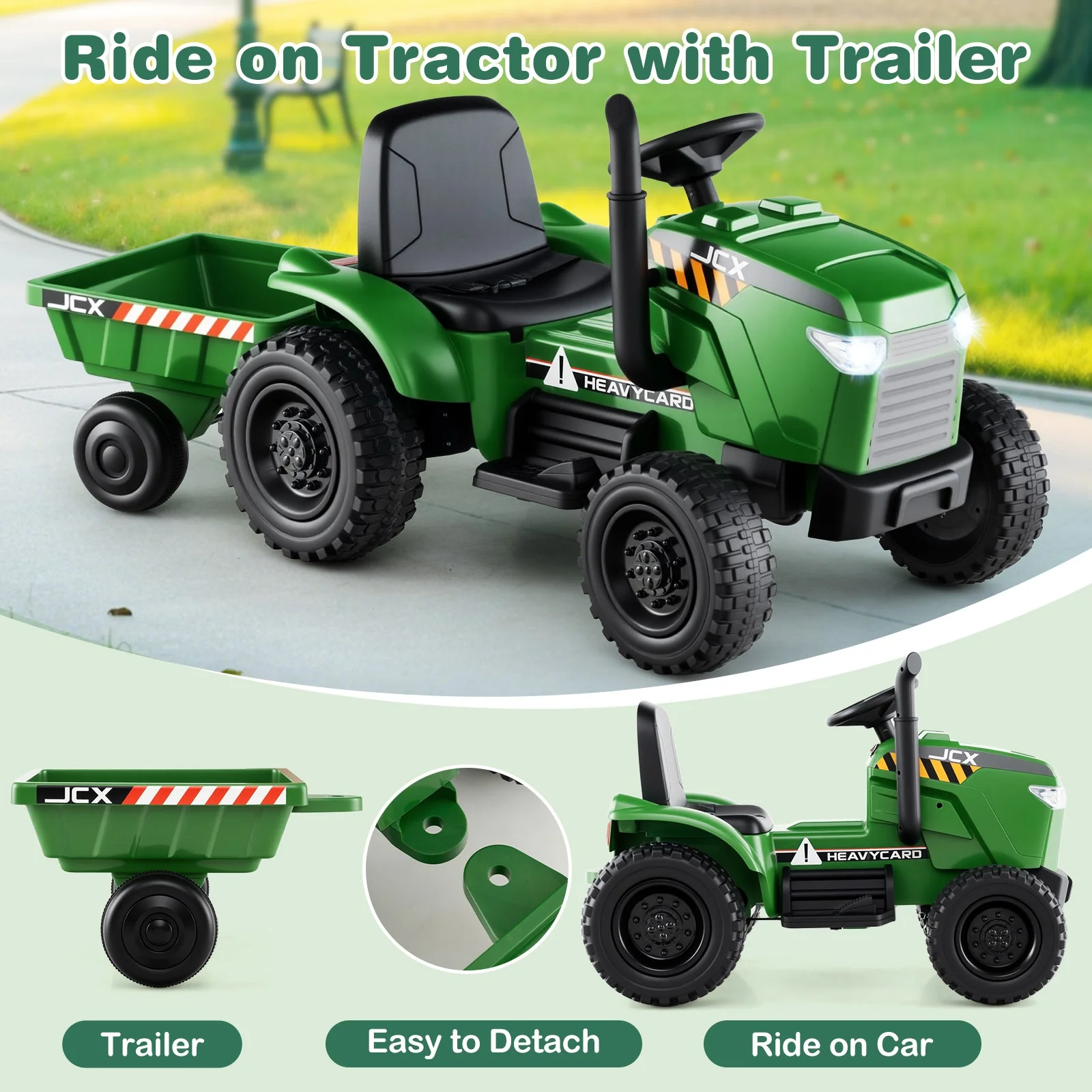 12V 2-in-1 Kids Ride On Tractor with Trailer and 3-Gear Shift-Grayish Green - Image 5