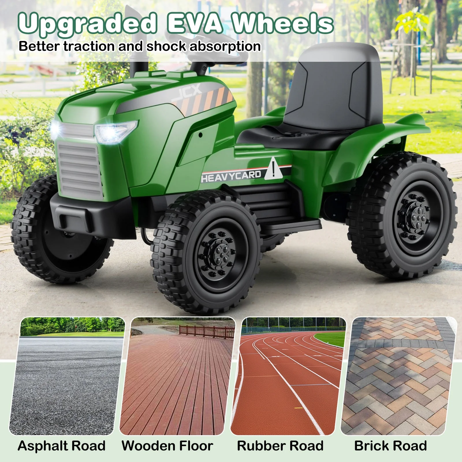 12V 2-in-1 Kids Ride On Tractor with Trailer and 3-Gear Shift-Grayish Green - Image 6