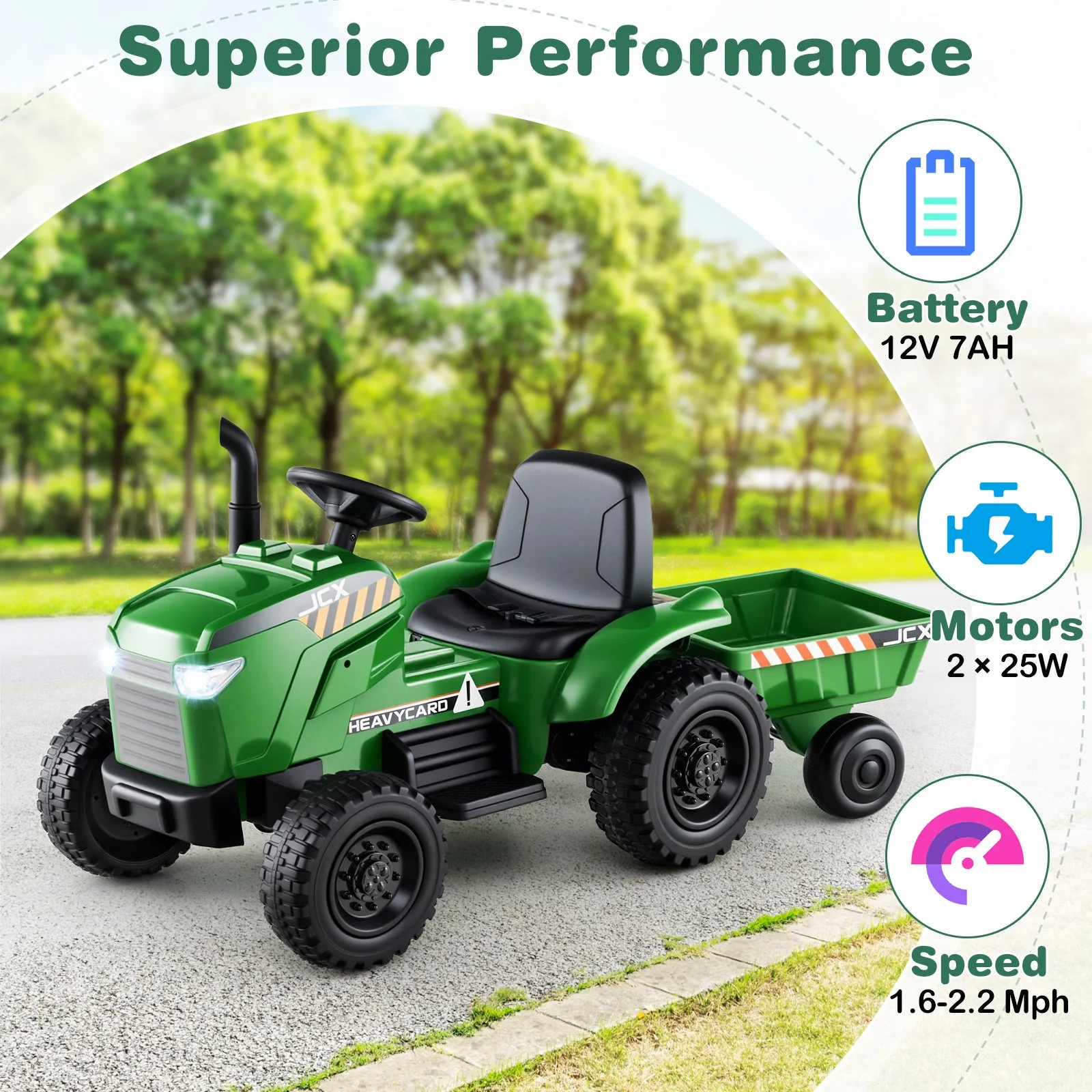 12V 2-in-1 Kids Ride On Tractor with Trailer and 3-Gear Shift-Grayish Green - Image 8