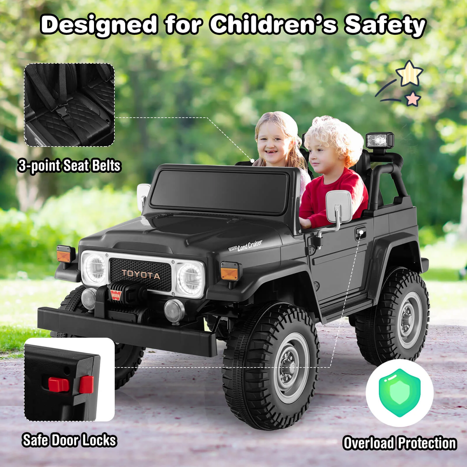 12V 2-Seat Licensed Kids Ride On Toyota FJ40 Car with 2.4G Remote Control-Black - Image 3