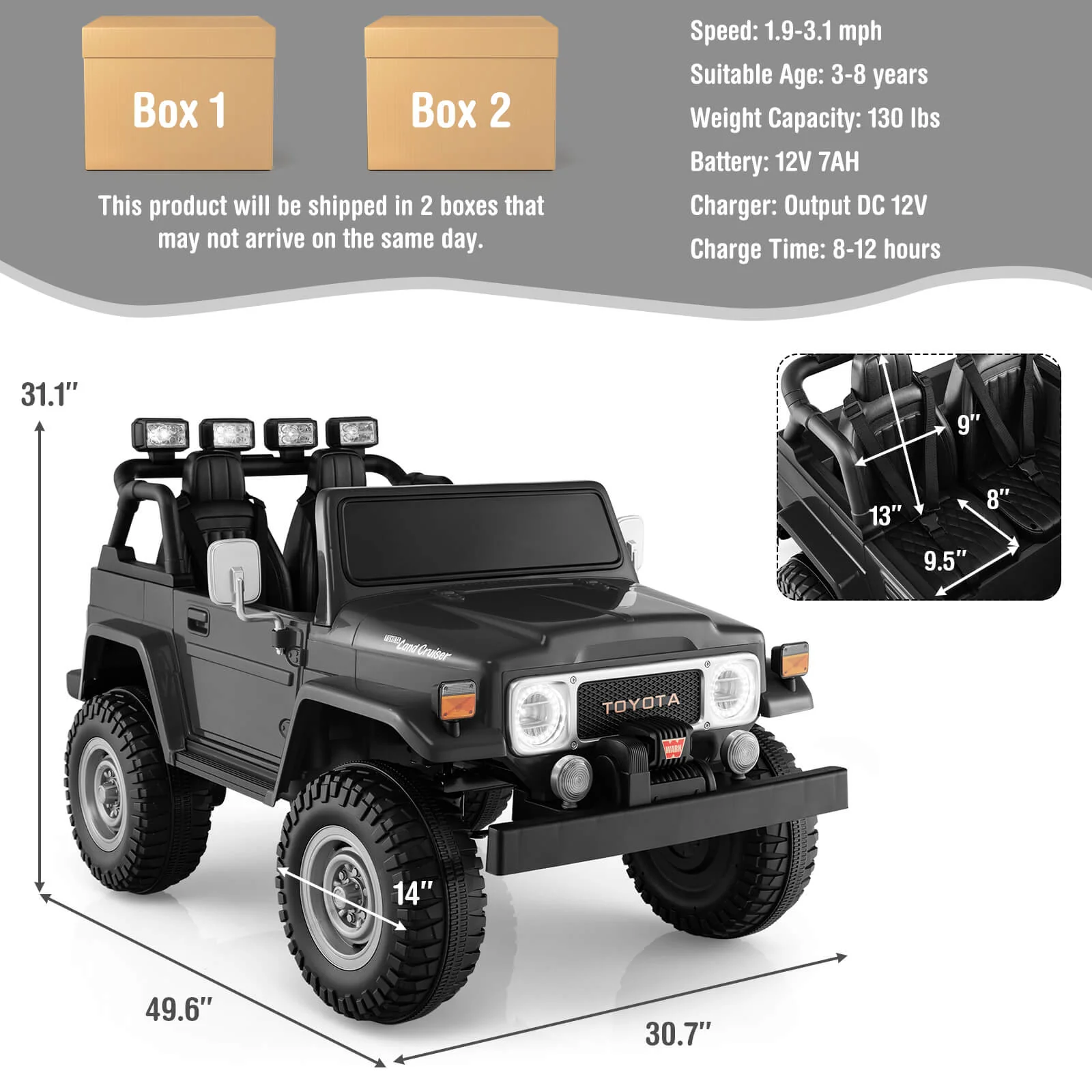 12V 2-Seat Licensed Kids Ride On Toyota FJ40 Car with 2.4G Remote Control-Black - Image 4