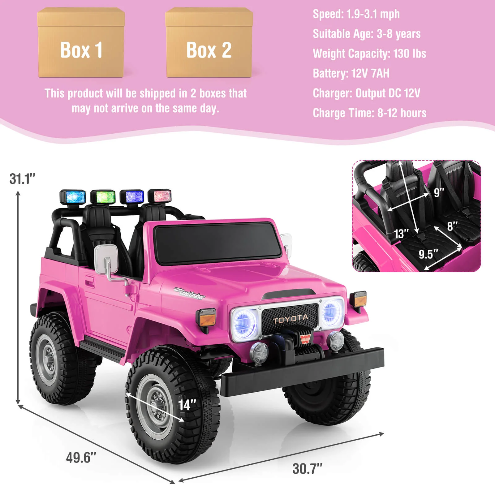 12V 2-Seat Licensed Kids Ride On Toyota FJ40 Car with 2.4G Remote Control-Pink - Image 4