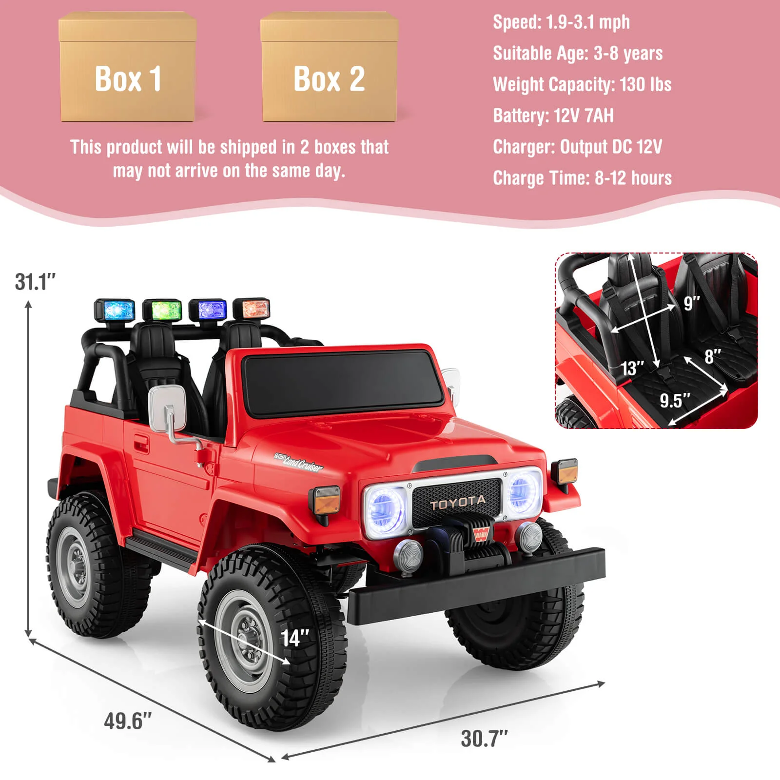 12V 2-Seat Licensed Kids Ride On Toyota FJ40 Car with 2.4G Remote Control-Red - Image 4