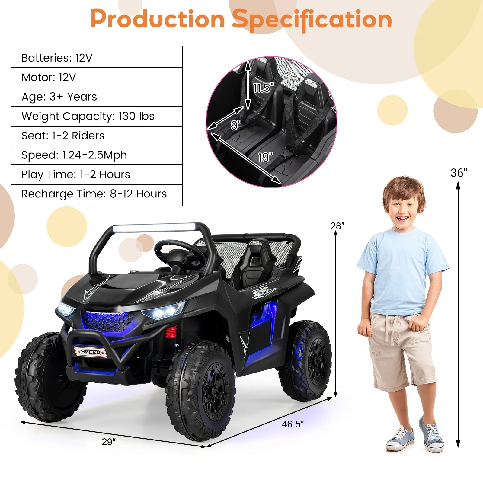 12V 2-Seater Kids Ride on UTV with Slow Start Function Music-Black - Image 4