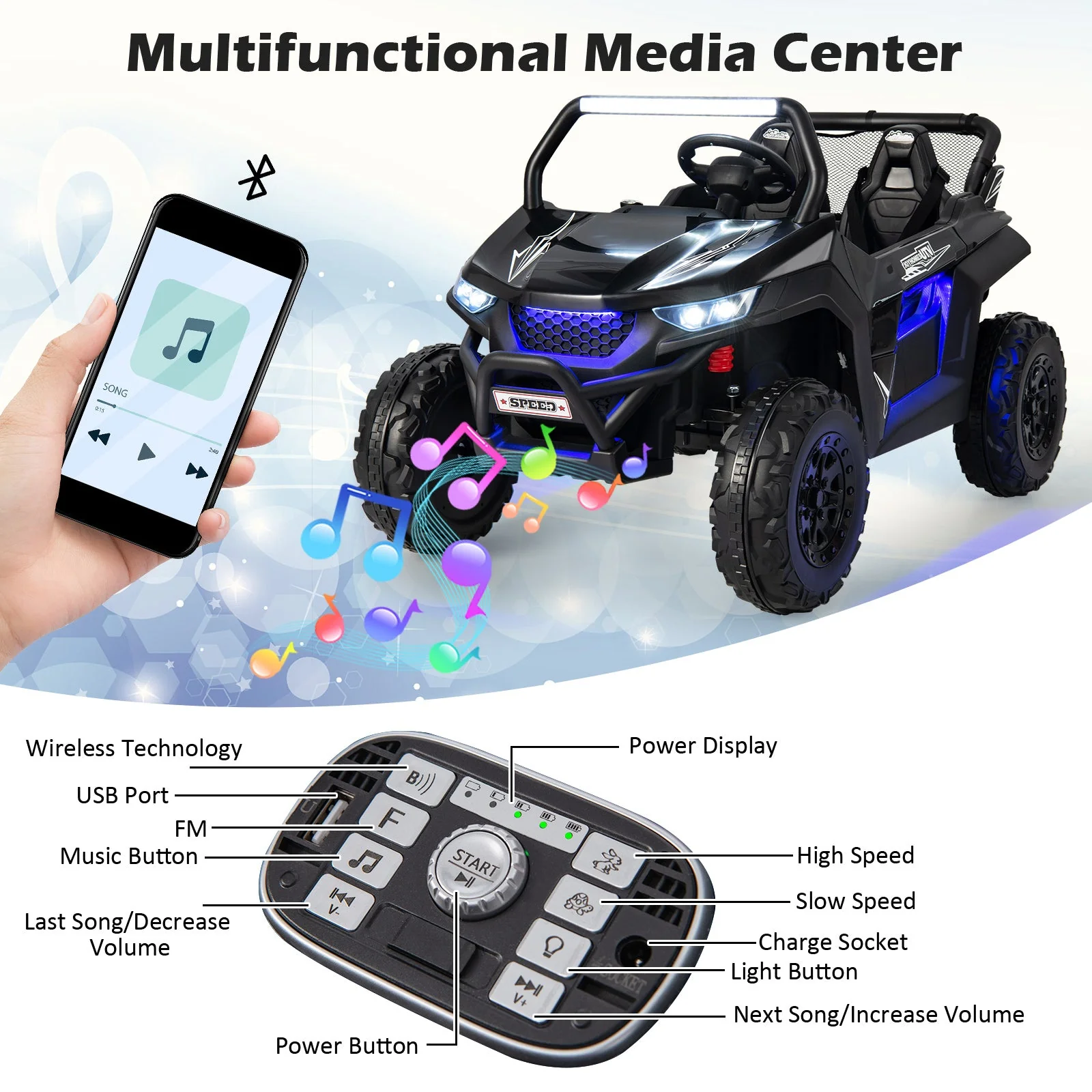 12V 2-Seater Kids Ride on UTV with Slow Start Function Music-Black - Image 6