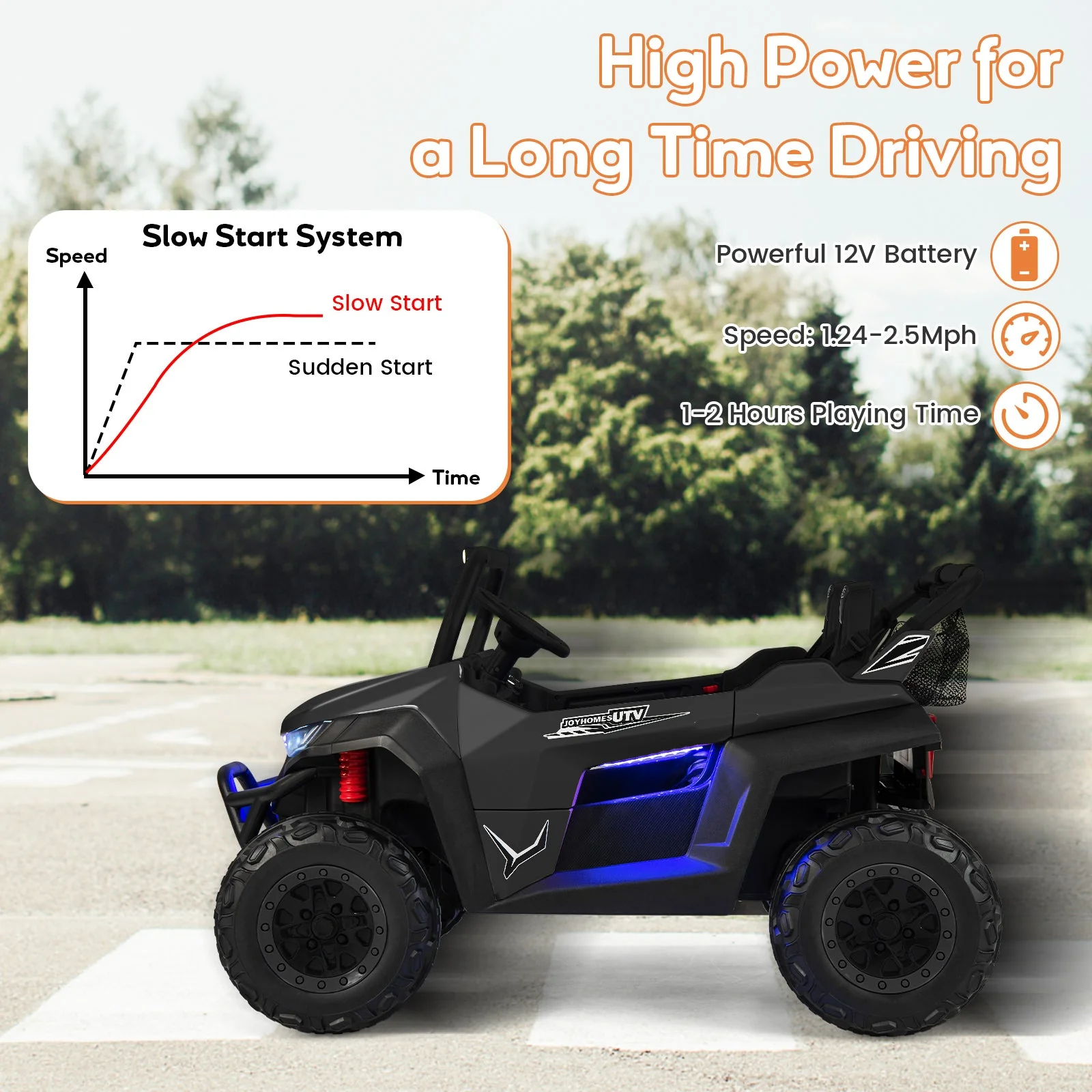 12V 2-Seater Kids Ride on UTV with Slow Start Function Music-Black - Image 7