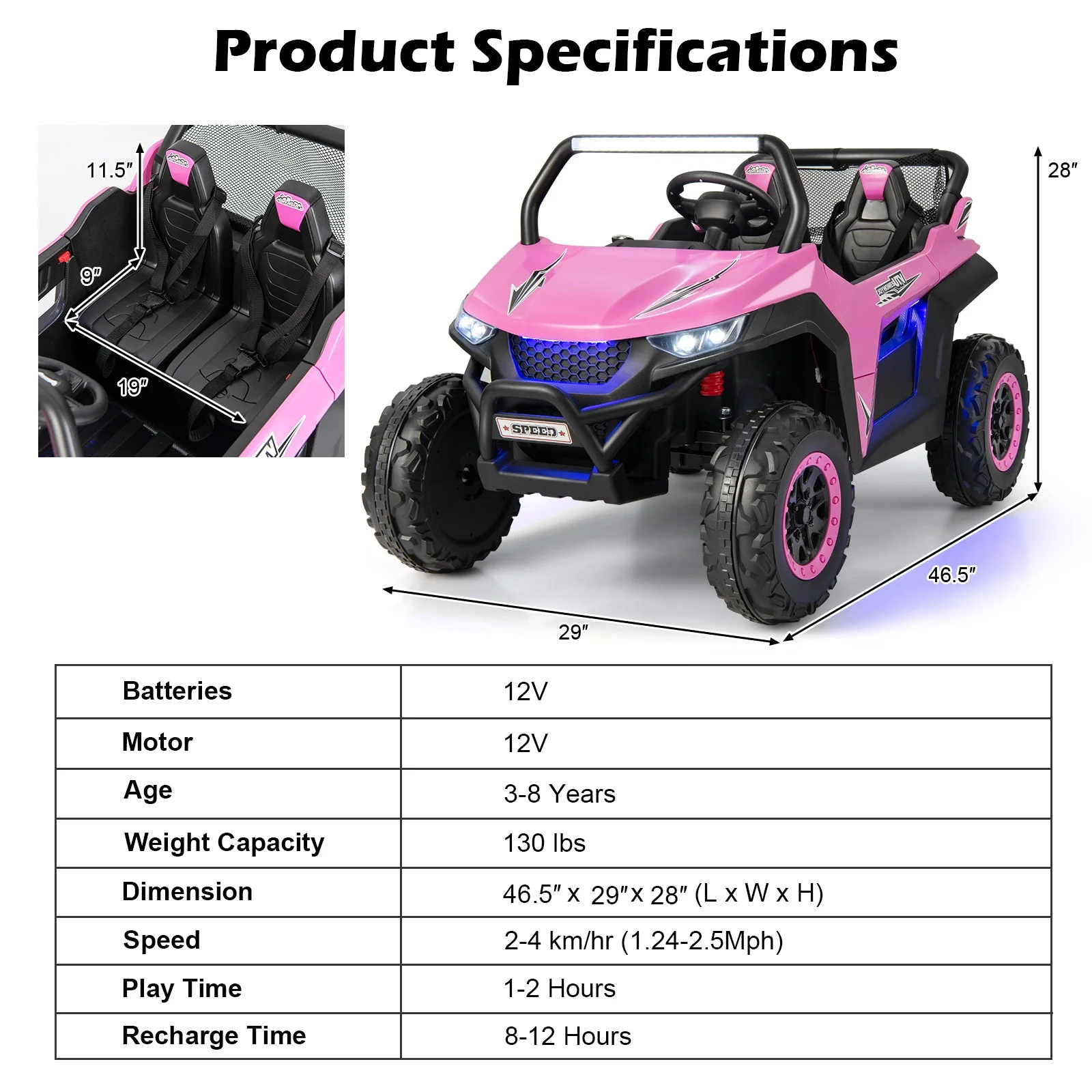 12V 2-Seater Kids Ride on UTV with Slow Start Function Music-Pink - Image 4