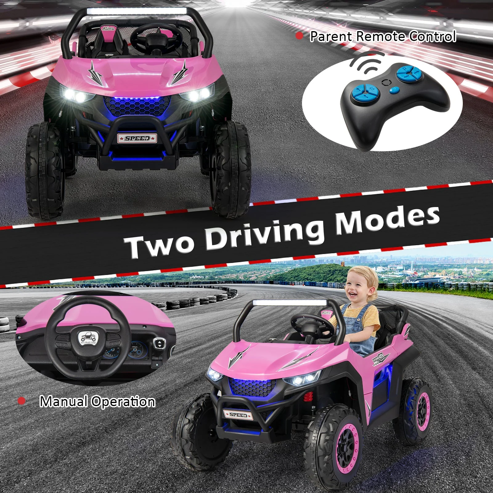 12V 2-Seater Kids Ride on UTV with Slow Start Function Music-Pink - Image 6