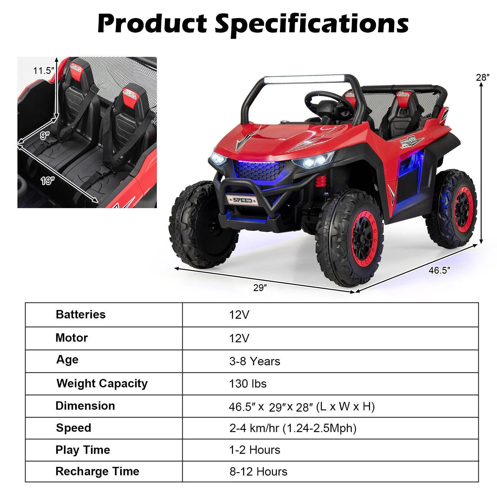 12V 2-Seater Kids Ride on UTV with Slow Start Function Music-Red - Image 4