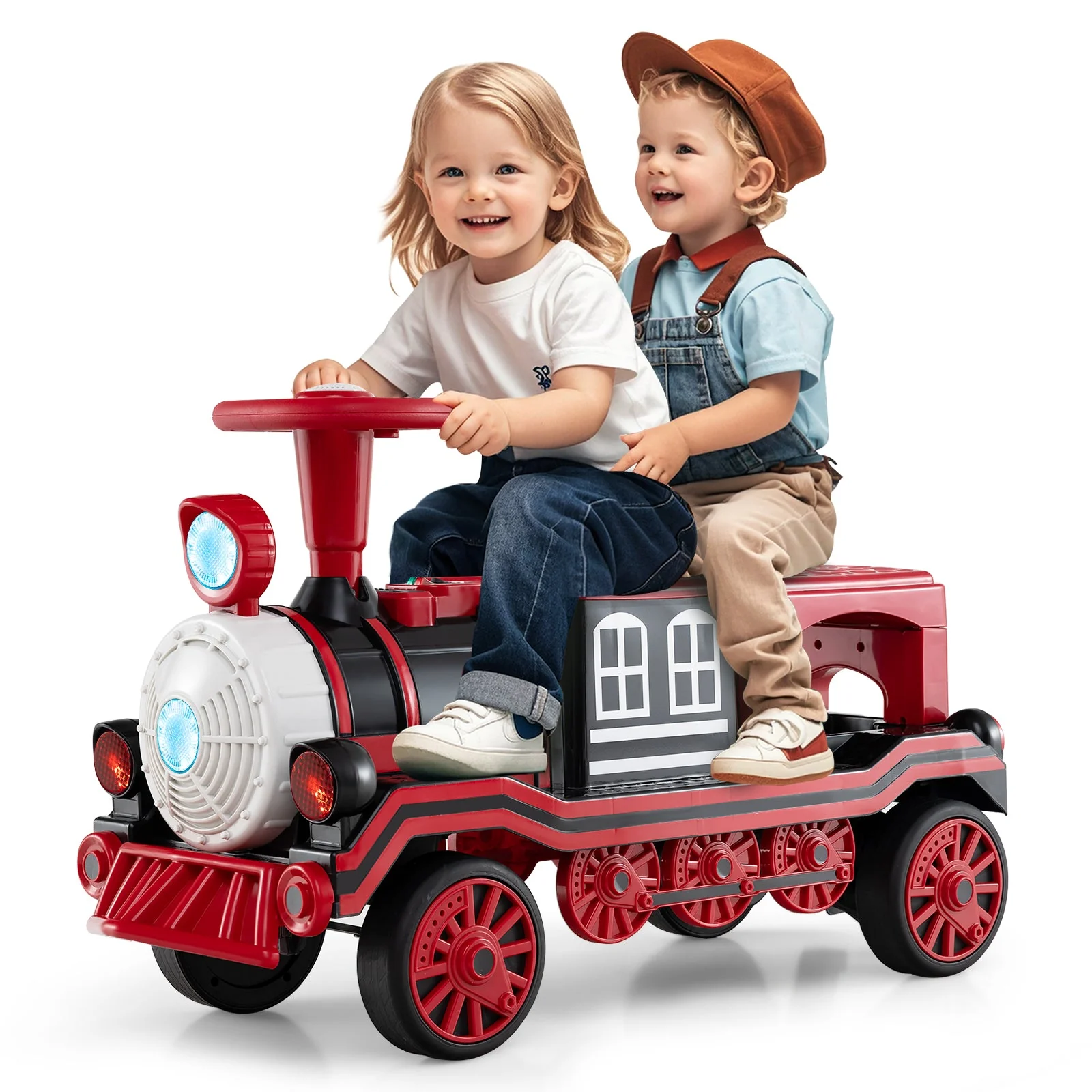 12V 2-Seater Ride on Toy with Train Whistle and Removable Chair-Red - Image 3