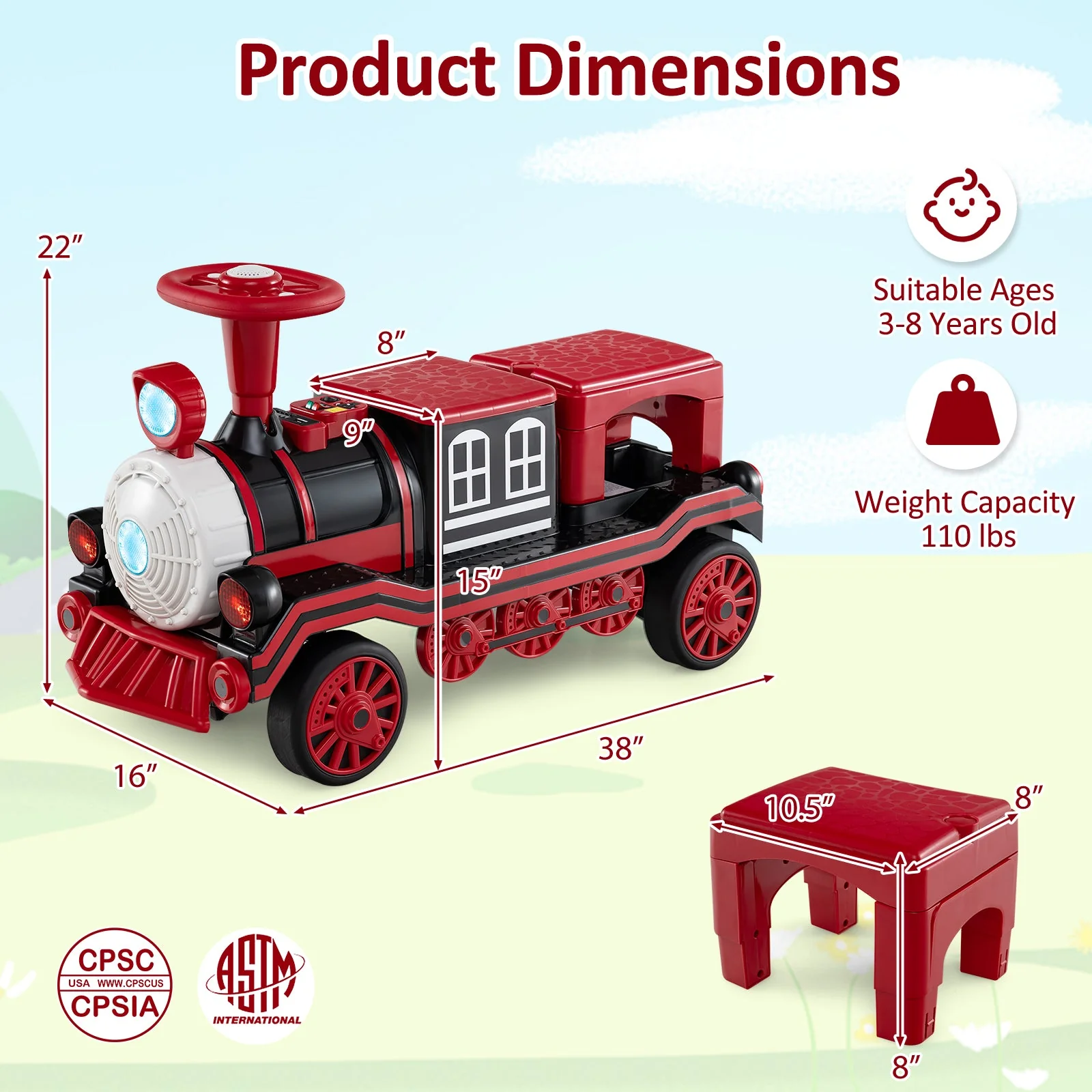 12V 2-Seater Ride on Toy with Train Whistle and Removable Chair-Red - Image 4