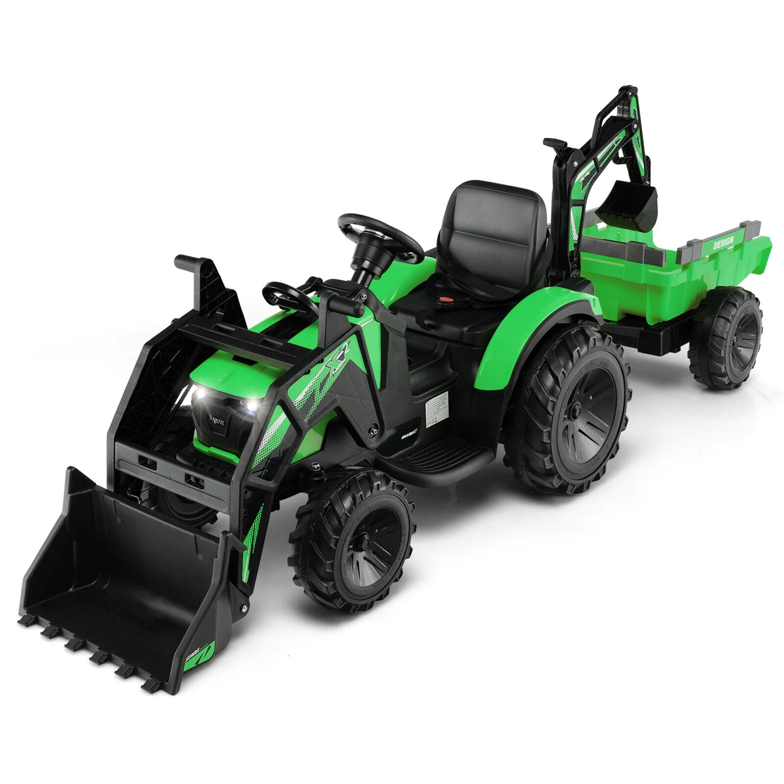 12V 3 in 1 Kids Ride On Excavator with Shovel Bucket and Music-Green - Image 2