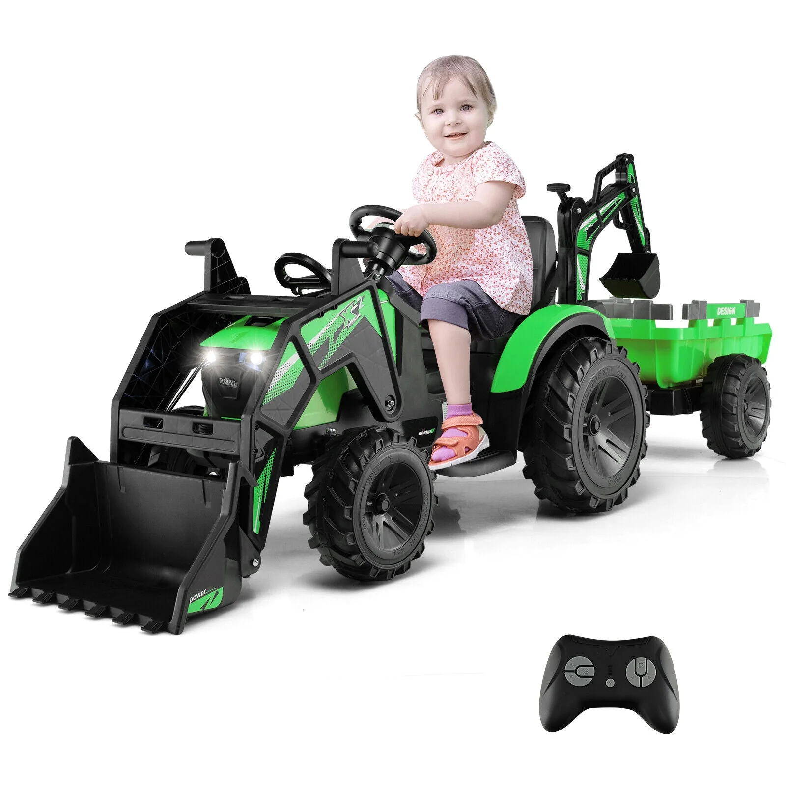 12V 3 in 1 Kids Ride On Excavator with Shovel Bucket and Music-Green - Image 3