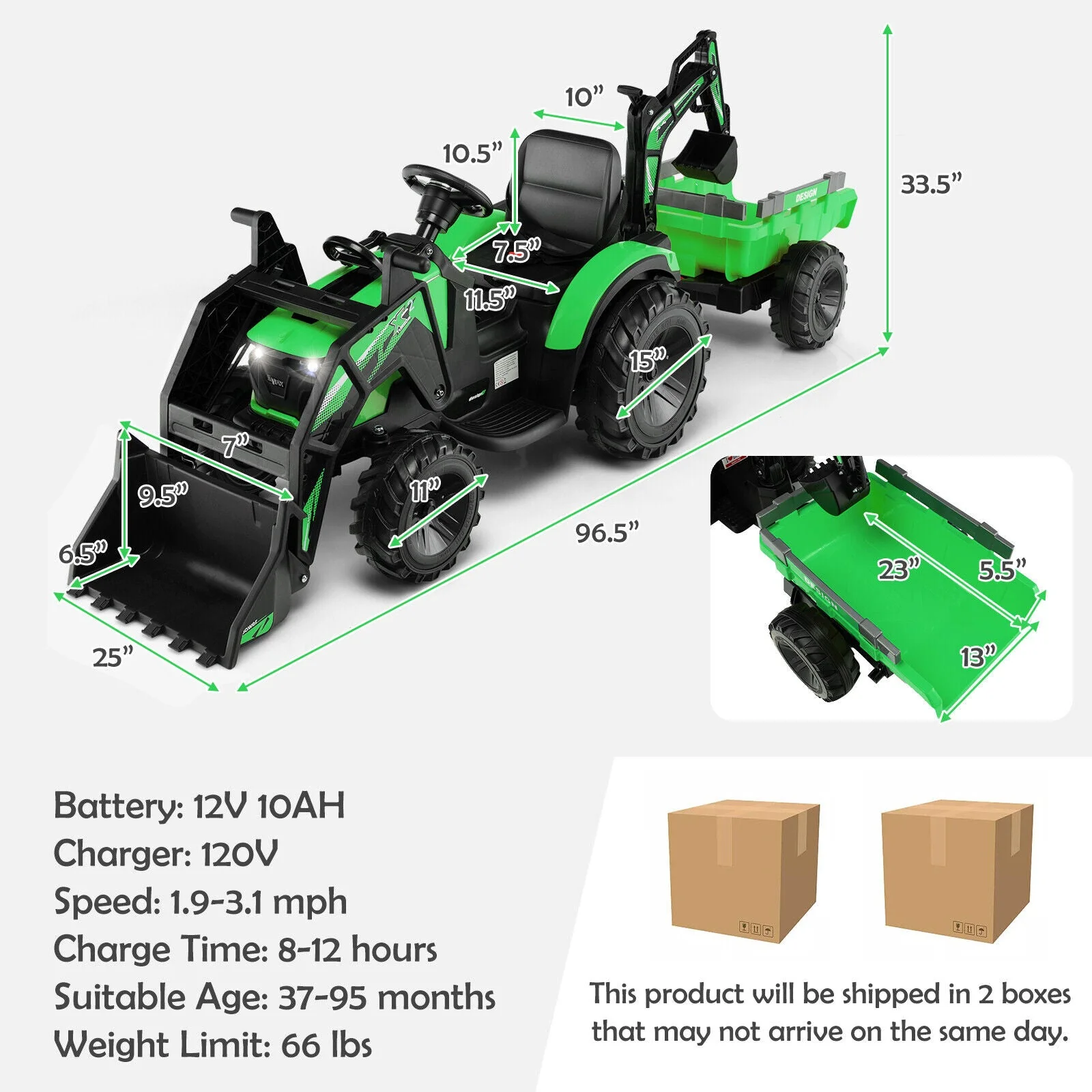 12V 3 in 1 Kids Ride On Excavator with Shovel Bucket and Music-Green - Image 4