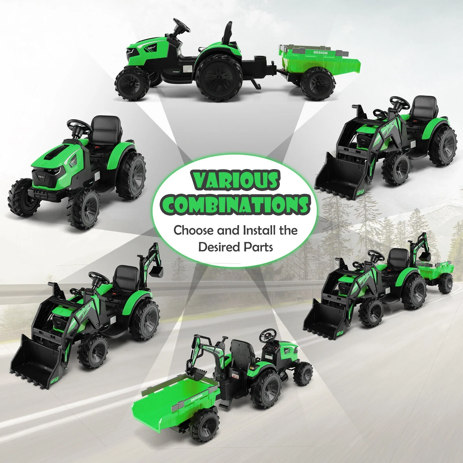 12V 3 in 1 Kids Ride On Excavator with Shovel Bucket and Music-Green - Image 5
