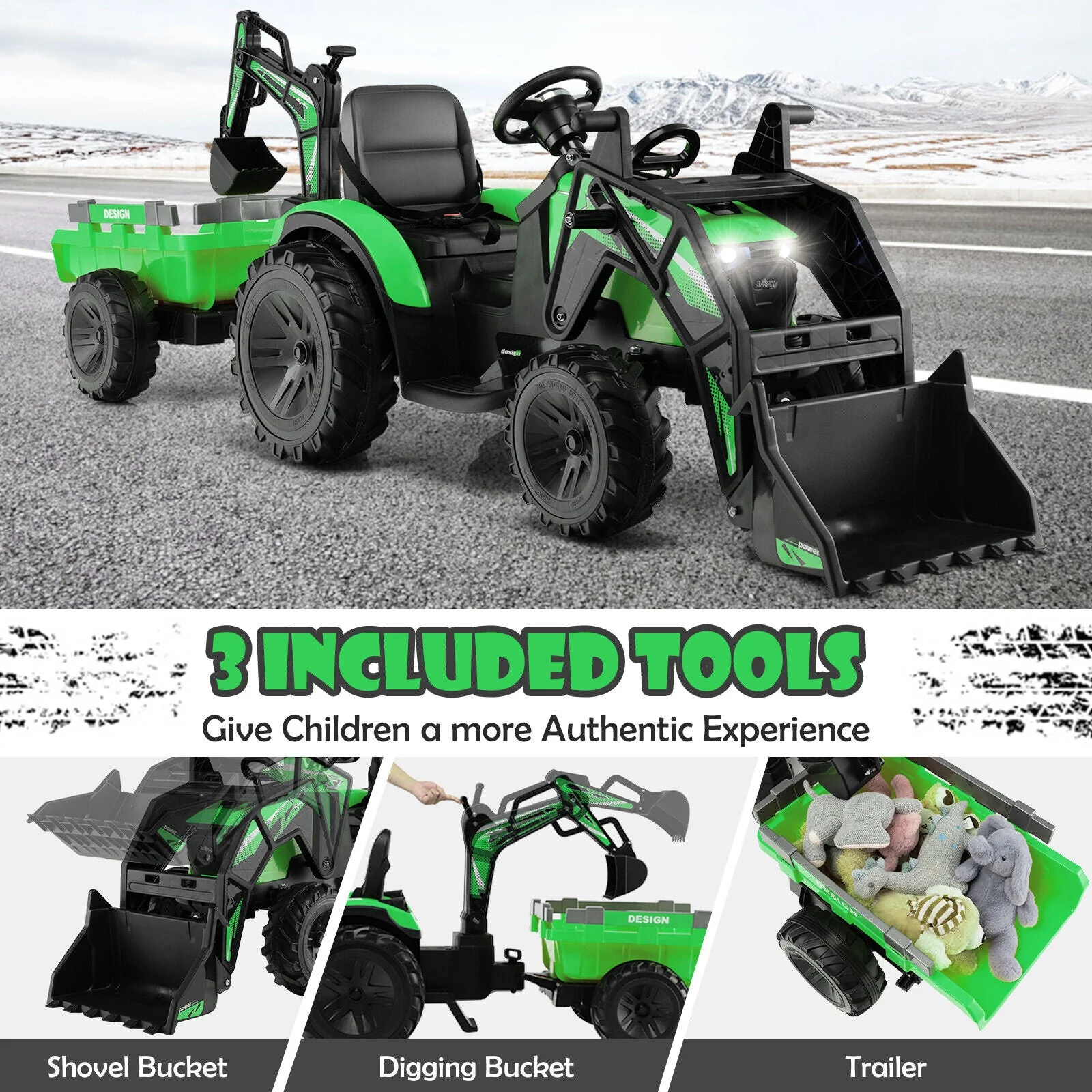12V 3 in 1 Kids Ride On Excavator with Shovel Bucket and Music-Green - Image 6