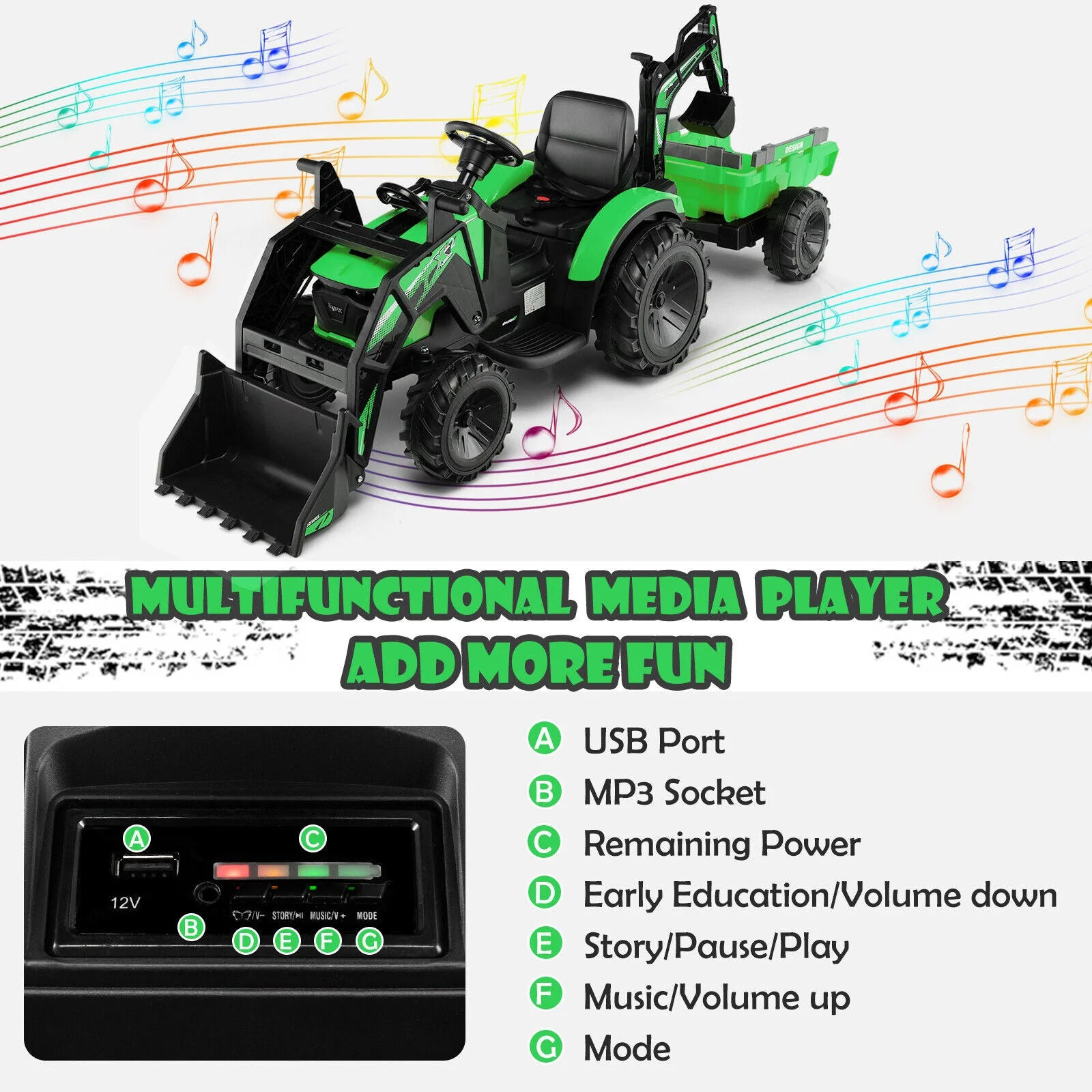 12V 3 in 1 Kids Ride On Excavator with Shovel Bucket and Music-Green - Image 7