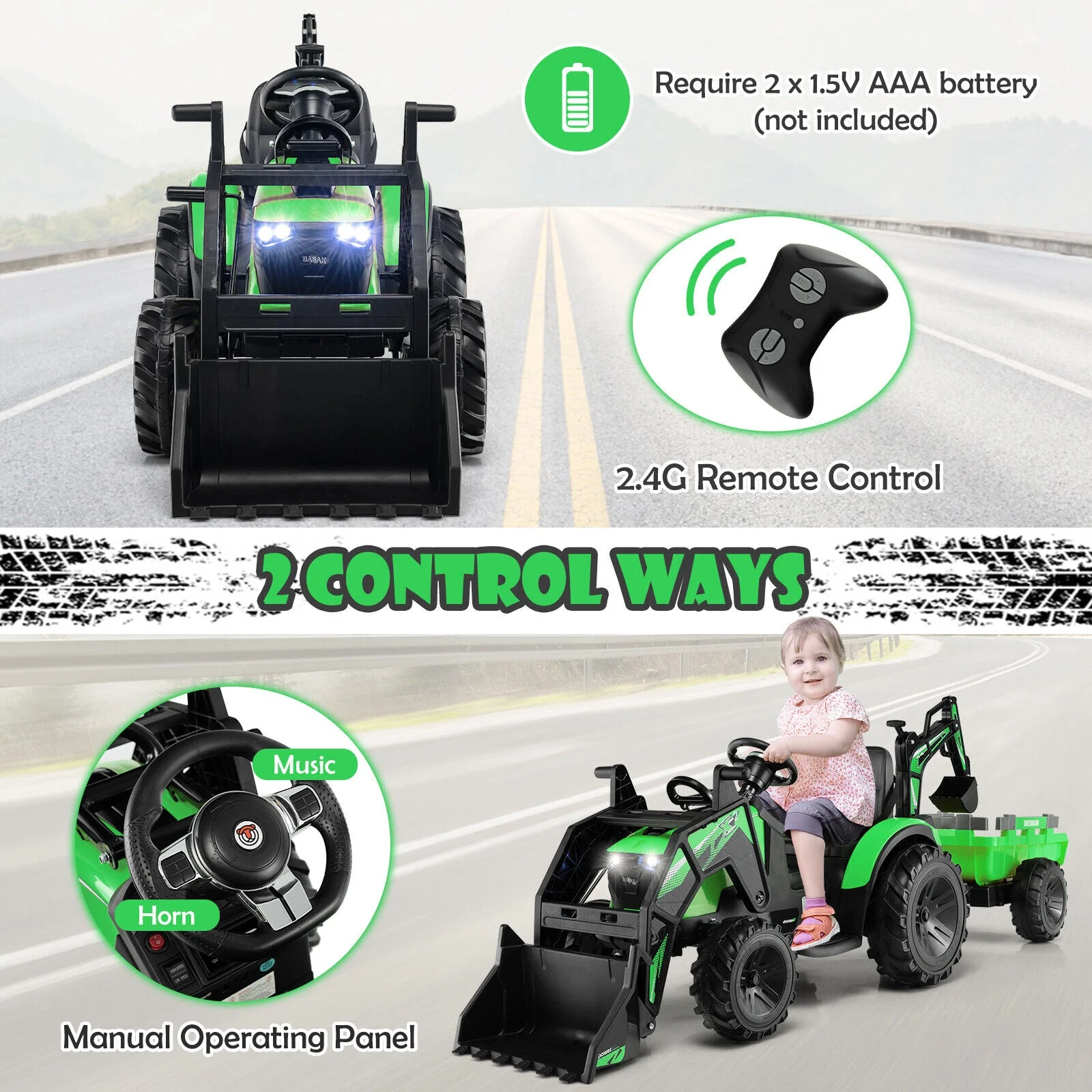 12V 3 in 1 Kids Ride On Excavator with Shovel Bucket and Music-Green - Image 8