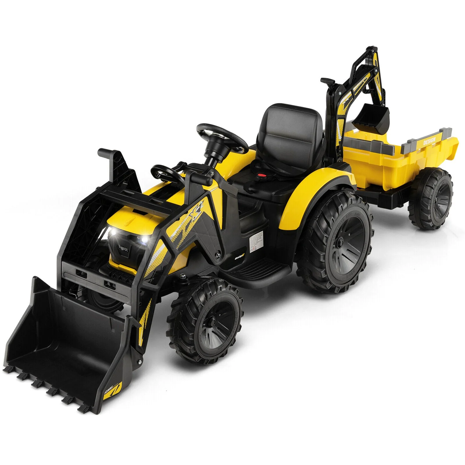 12V 3 in 1 Kids Ride On Excavator with Shovel Bucket and Music-Yellow - Image 2