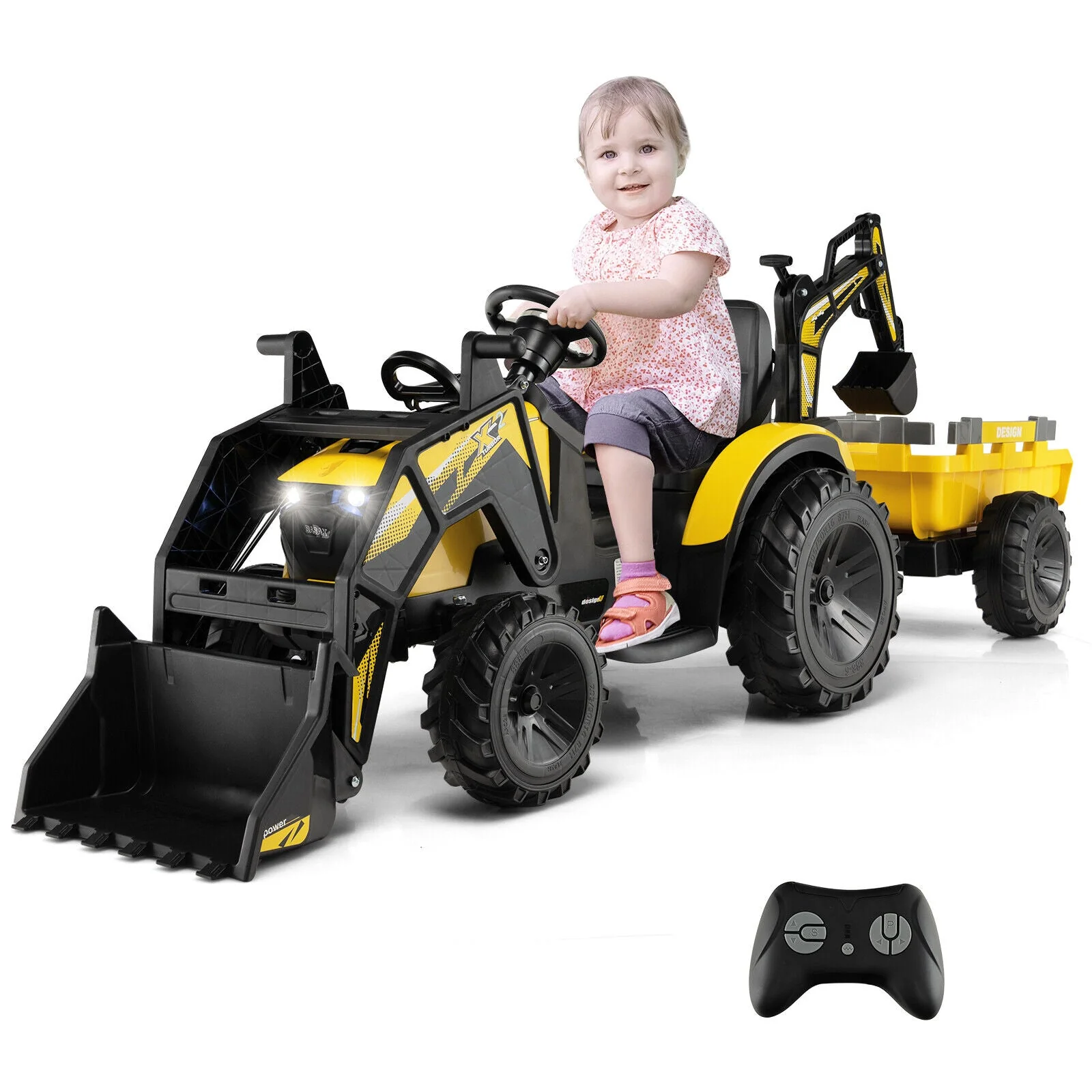 12V 3 in 1 Kids Ride On Excavator with Shovel Bucket and Music-Yellow - Image 3