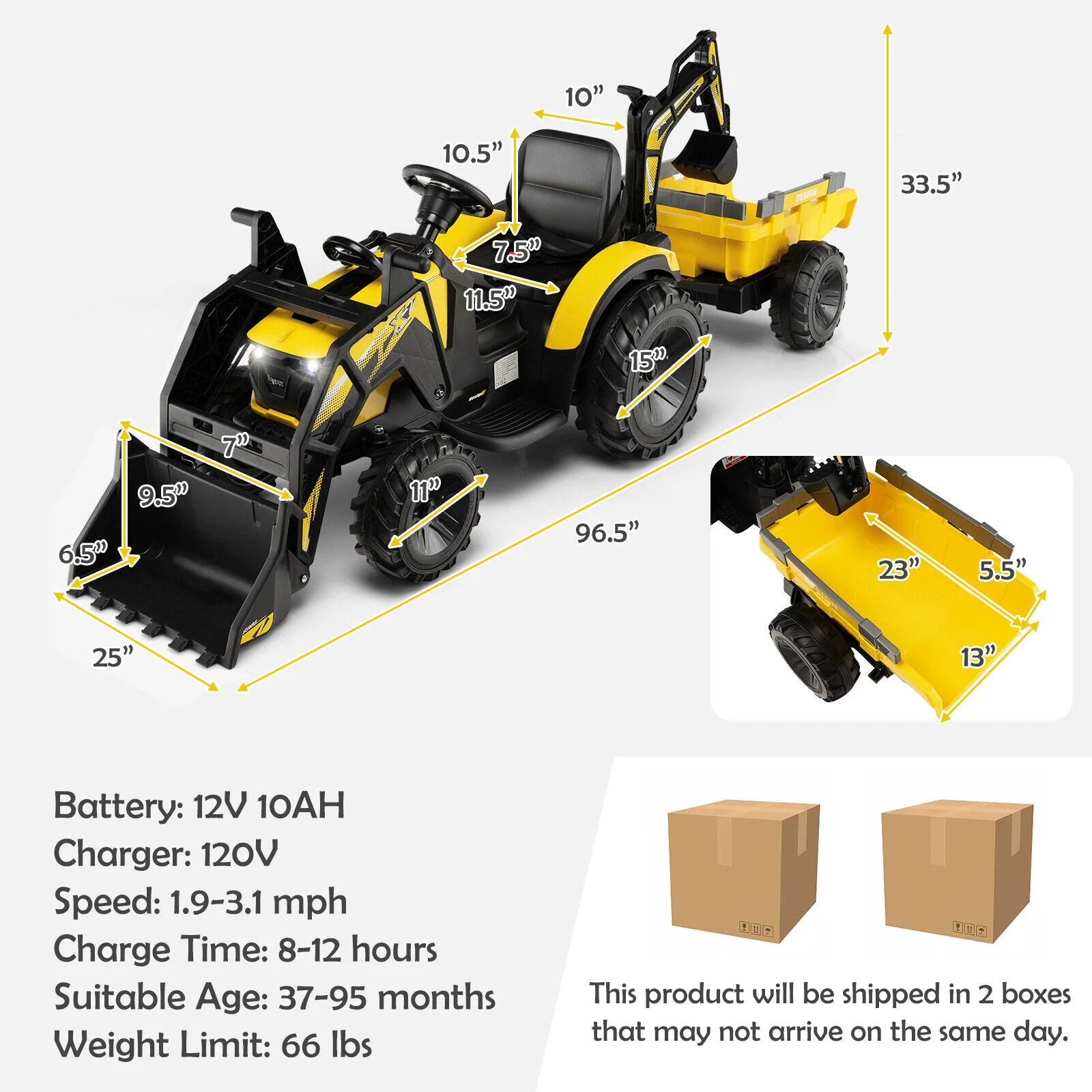 12V 3 in 1 Kids Ride On Excavator with Shovel Bucket and Music-Yellow - Image 4