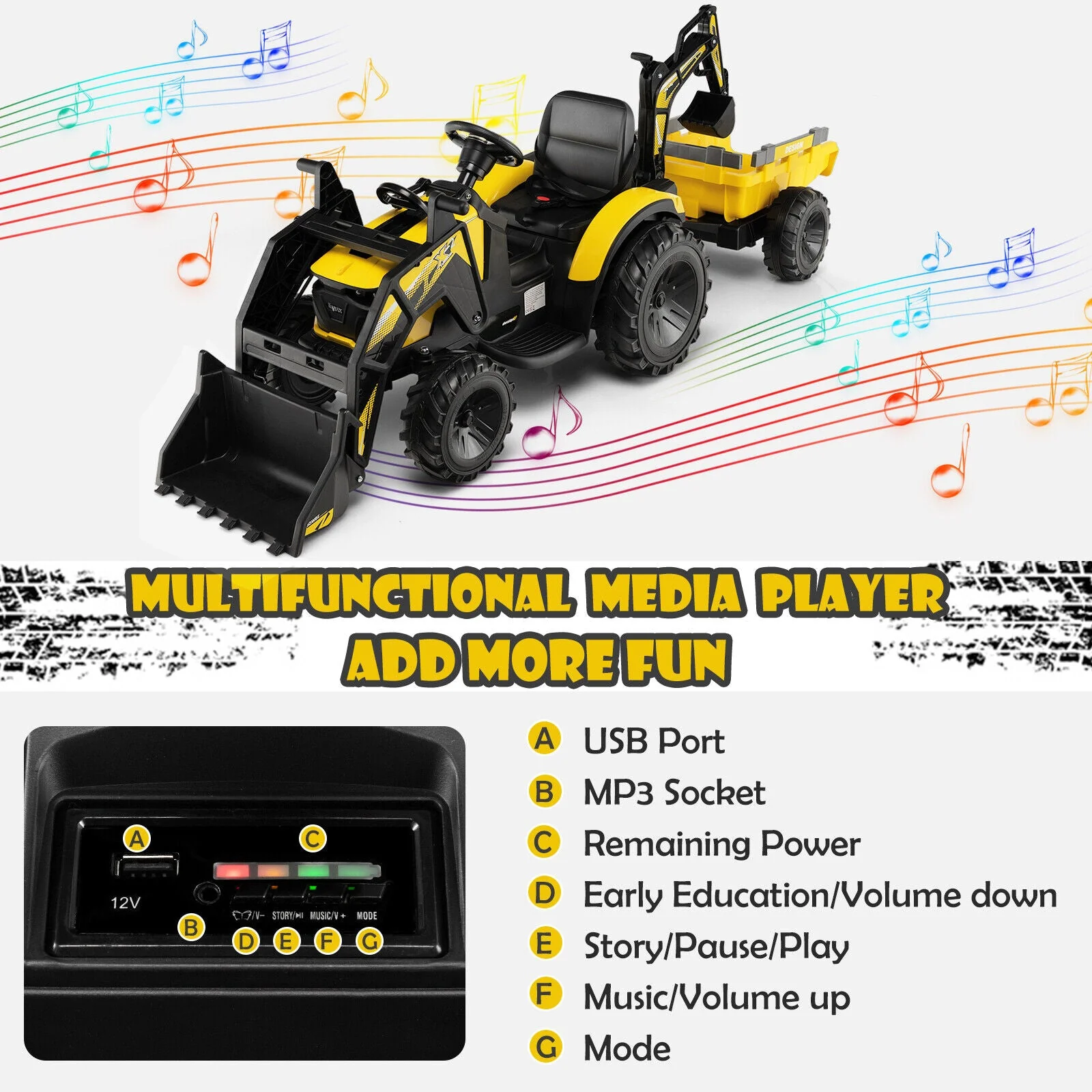 12V 3 in 1 Kids Ride On Excavator with Shovel Bucket and Music-Yellow - Image 5