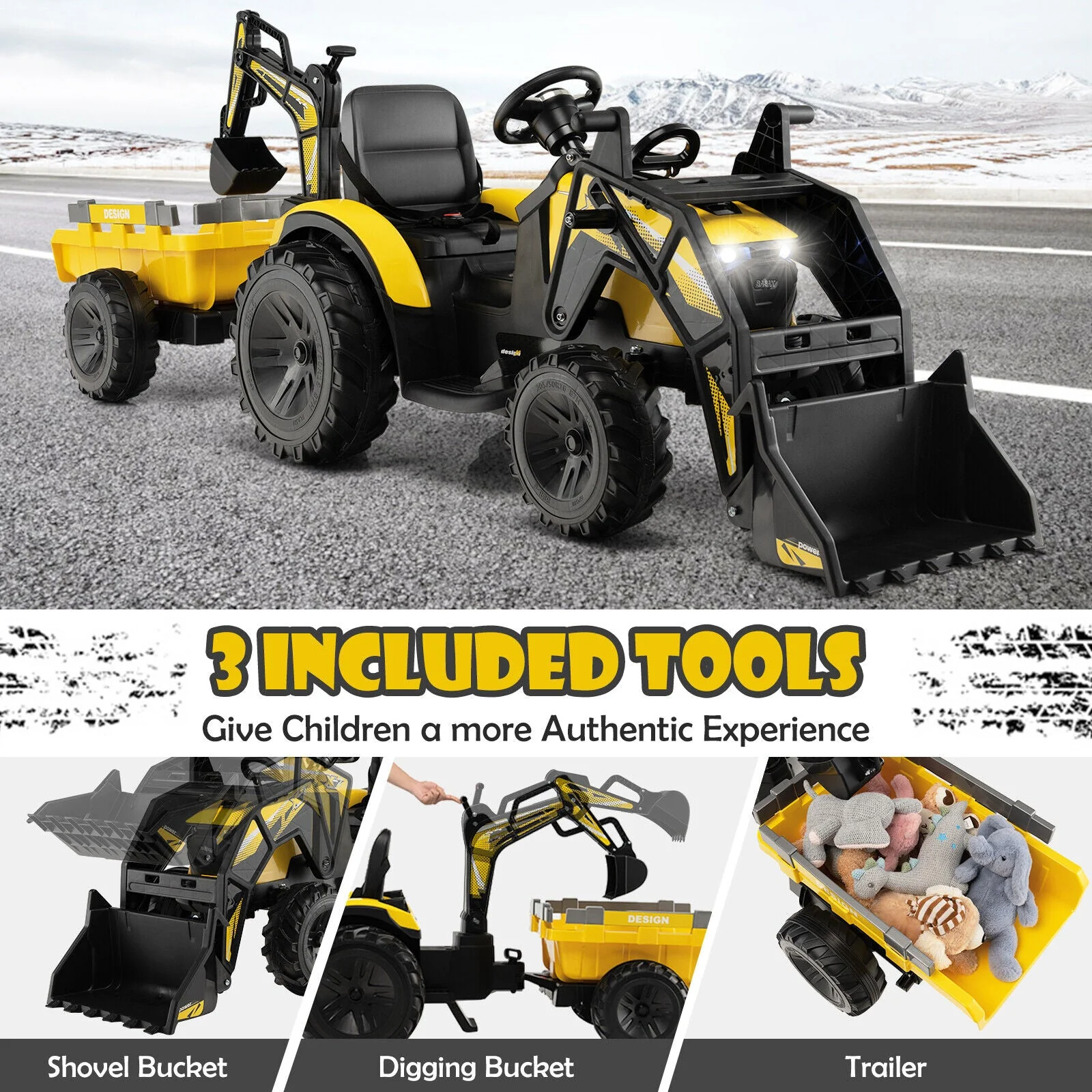 12V 3 in 1 Kids Ride On Excavator with Shovel Bucket and Music-Yellow - Image 6