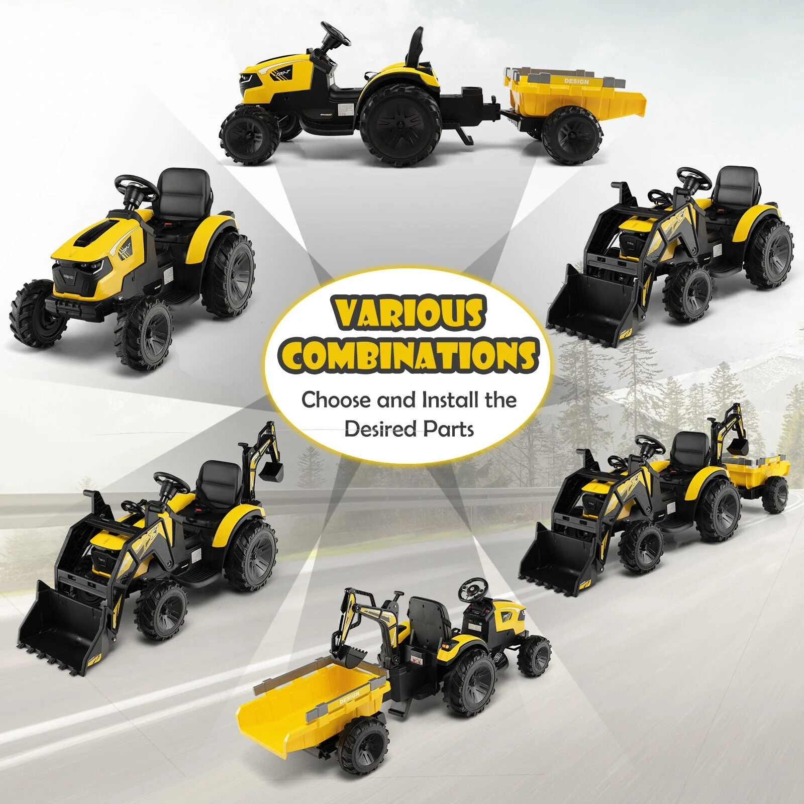 12V 3 in 1 Kids Ride On Excavator with Shovel Bucket and Music-Yellow - Image 7