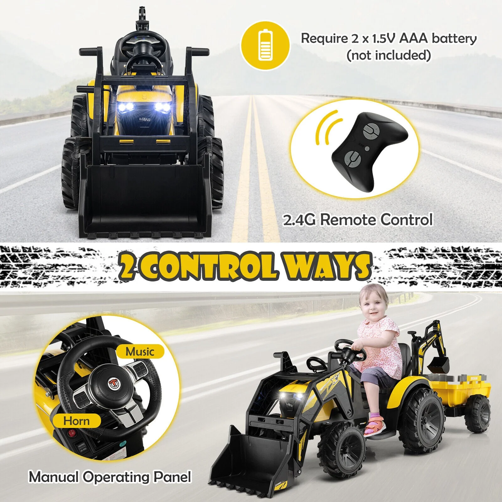 12V 3 in 1 Kids Ride On Excavator with Shovel Bucket and Music-Yellow - Image 8