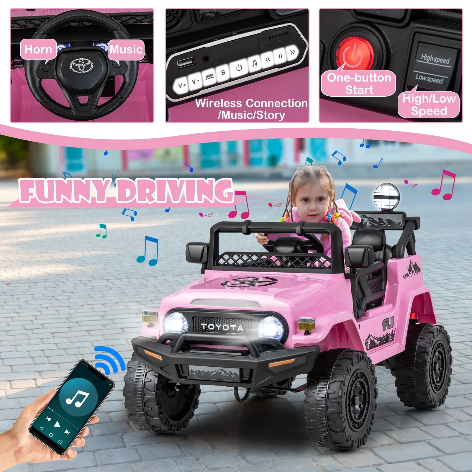 12V 7Ah Licensed Toyota FJ Cruiser Electric Car with Remote Control-Pink - Image 4