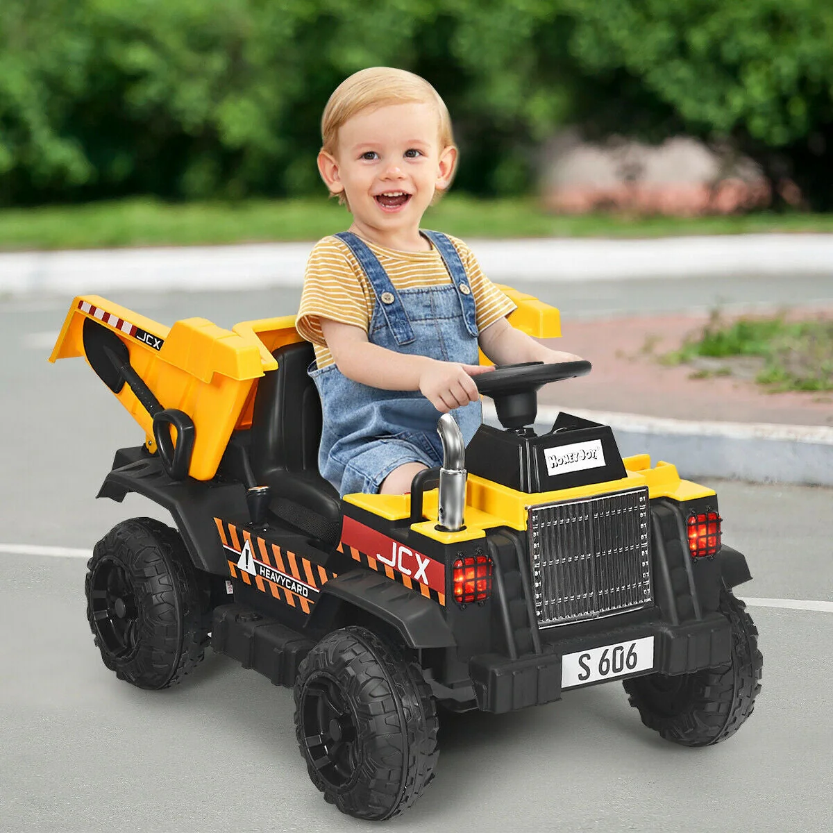 12V Battery Kids Ride On Dump Truck with Electric Bucket and Dump Bed-Yellow - Image 2