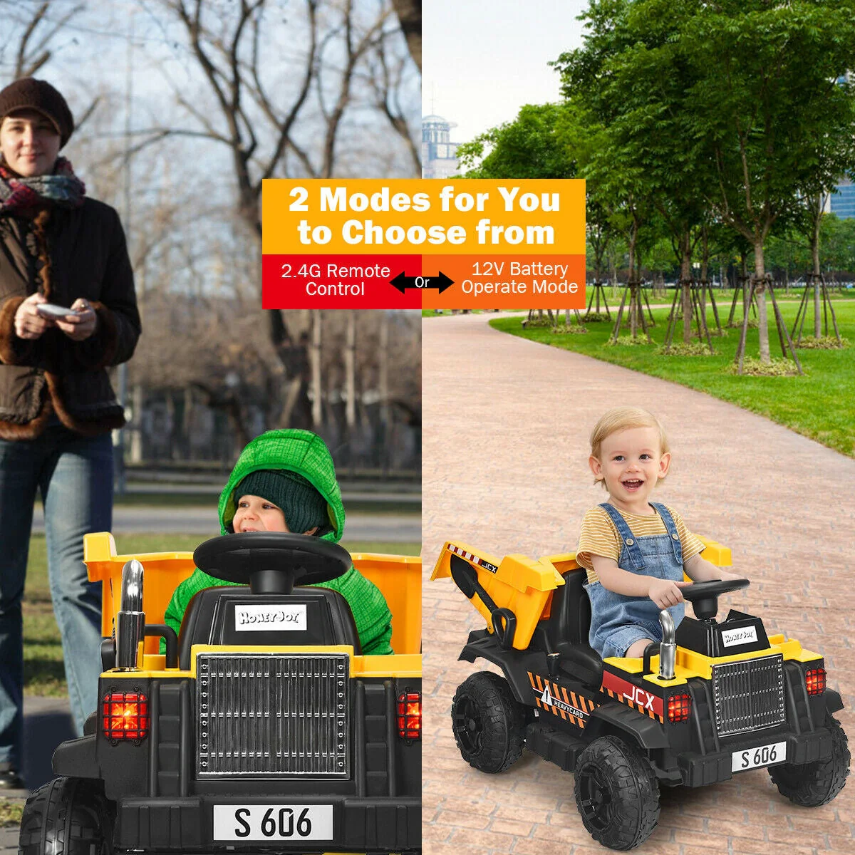12V Battery Kids Ride On Dump Truck with Electric Bucket and Dump Bed-Yellow - Image 6