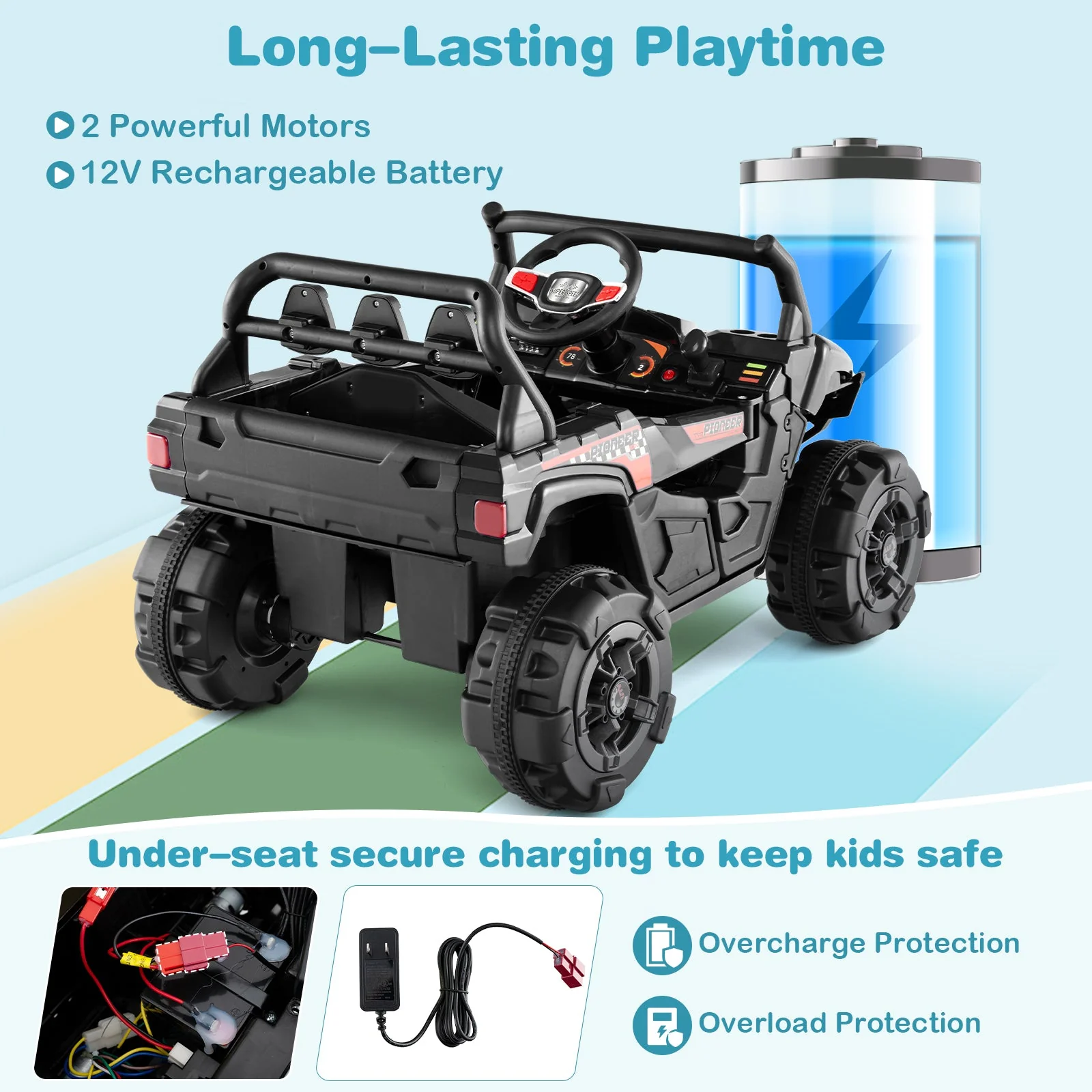 12V Battery Powered Electric Vehicle with Remote Control and 3 Speeds-Black - Image 7