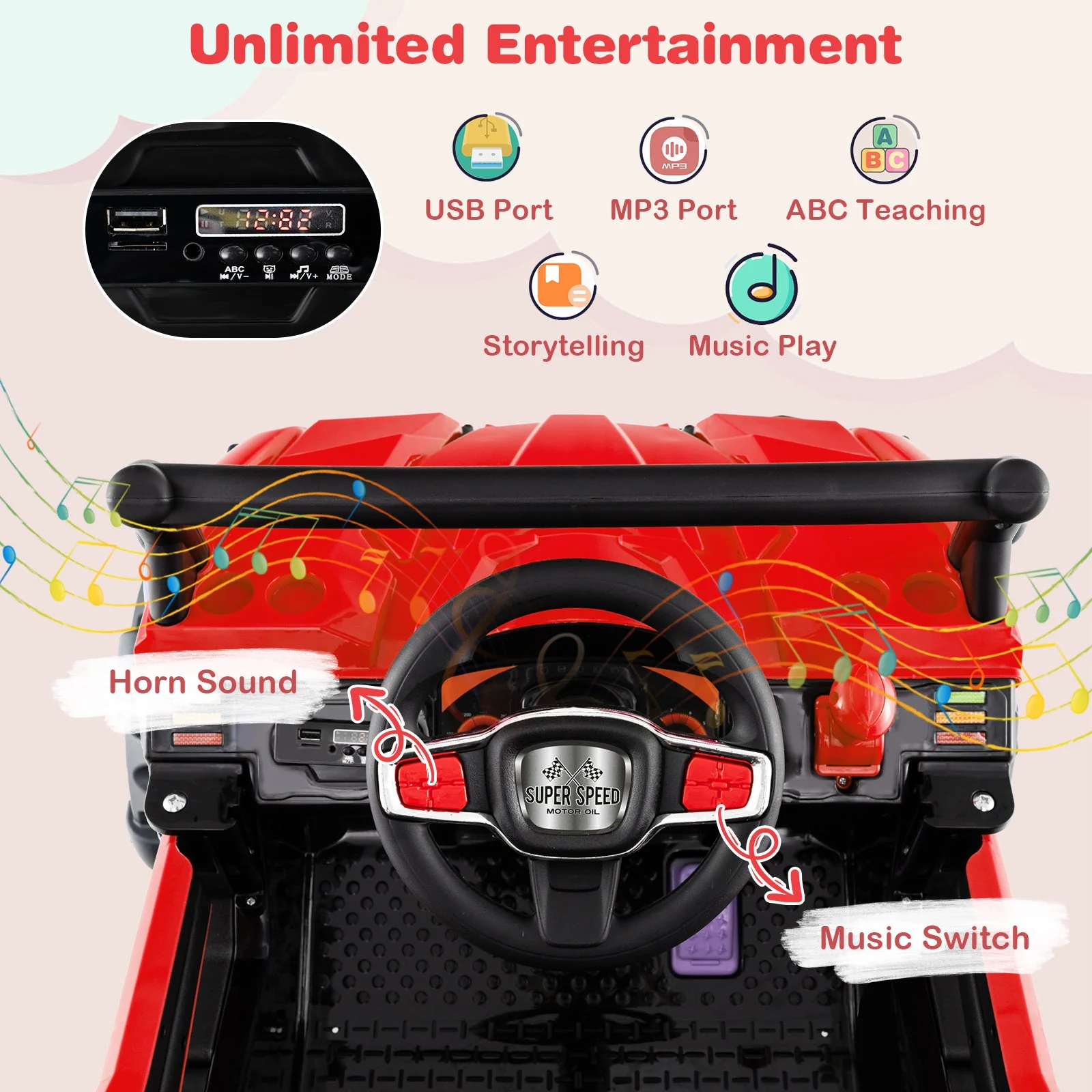 12V Battery Powered Electric Vehicle with Remote Control and 3 Speeds-Red - Image 7