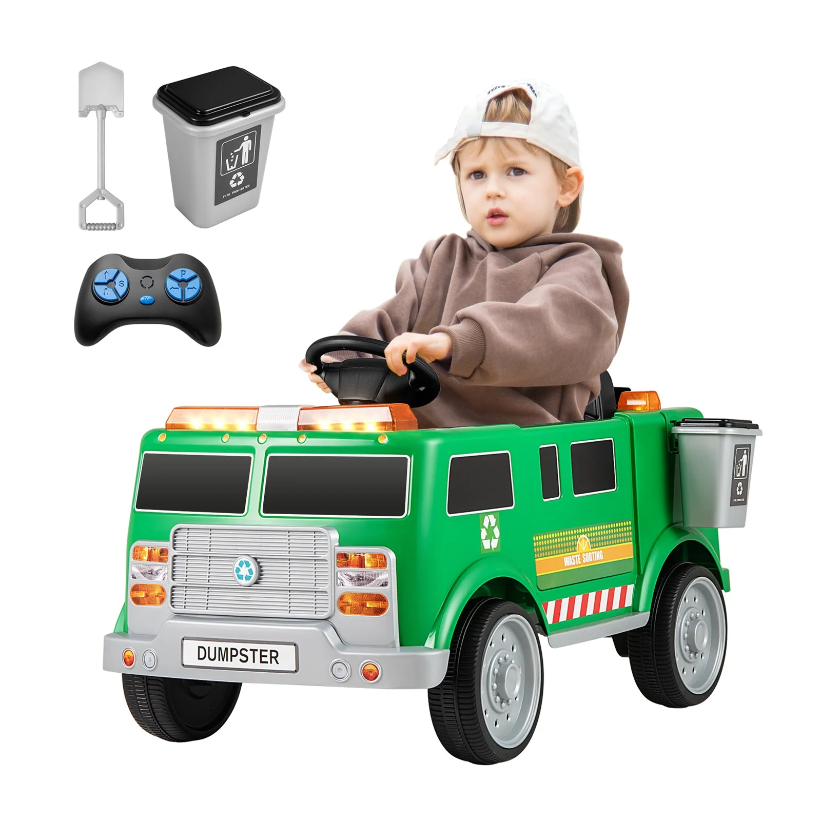 12V Battery Powered Electric Vehicle with Remote Control and Trash Bin-Green - Image 5