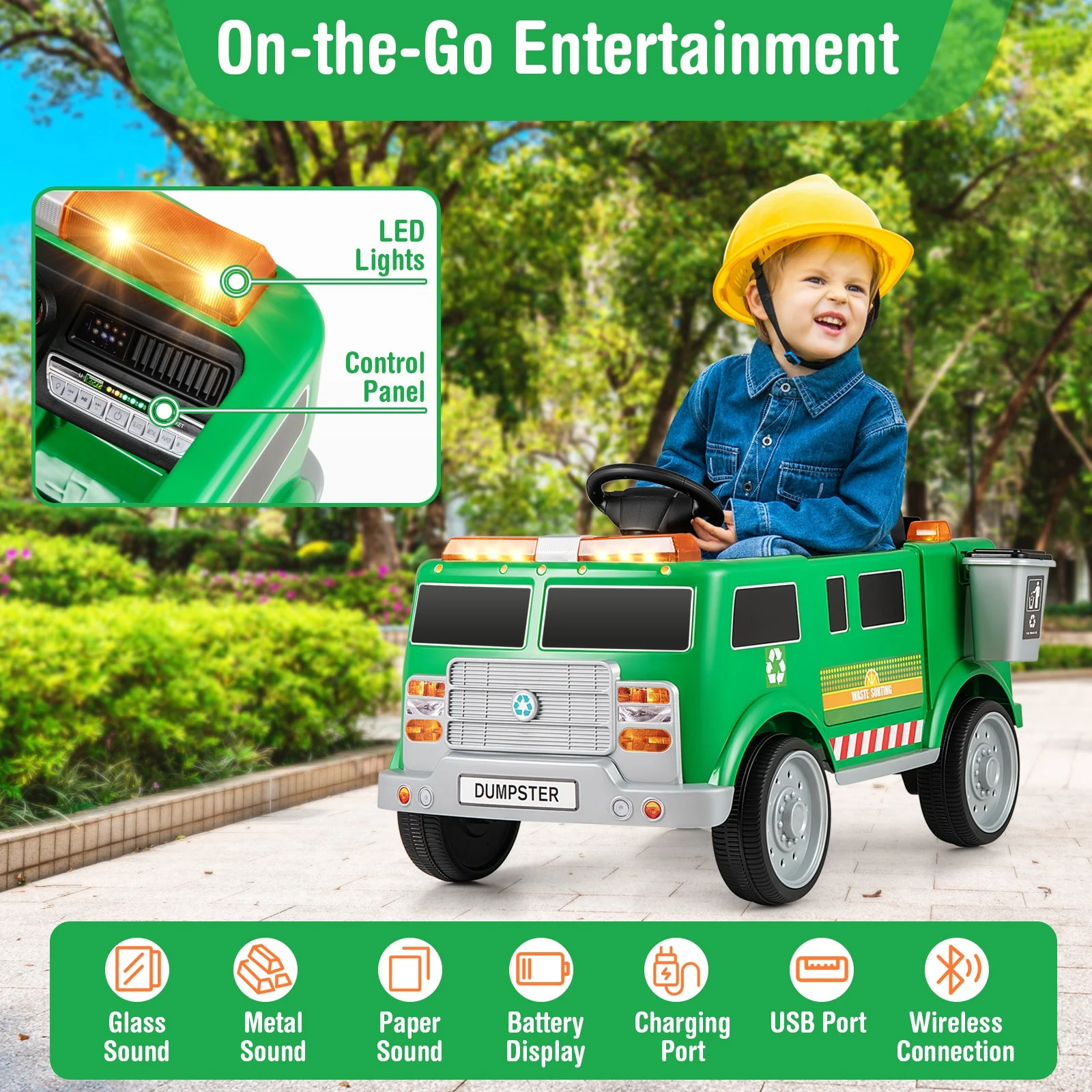 12V Battery Powered Electric Vehicle with Remote Control and Trash Bin-Green - Image 7