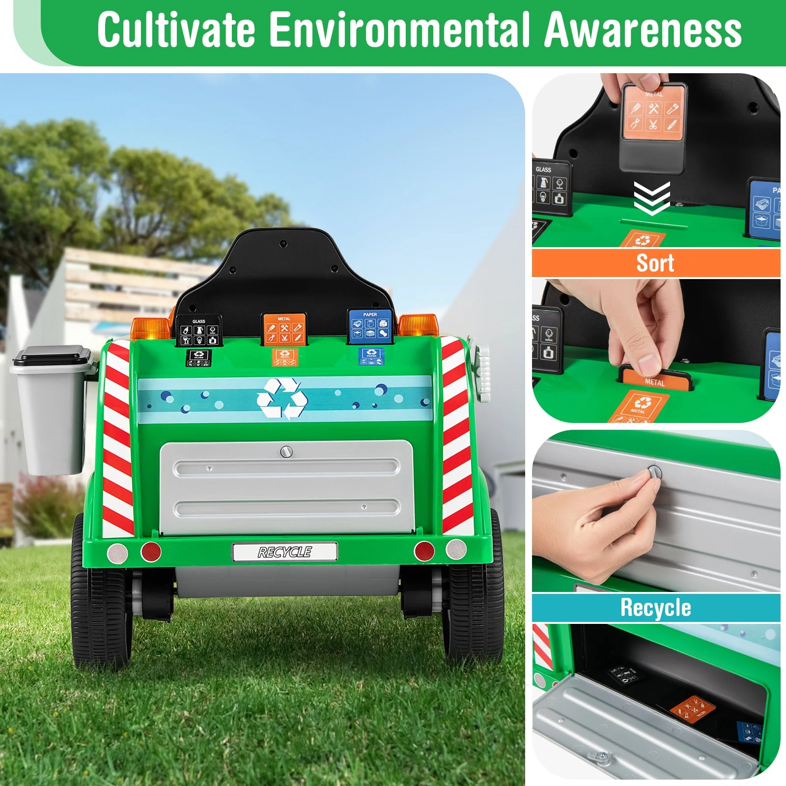 12V Battery Powered Electric Vehicle with Remote Control and Trash Bin-Green - Image 8