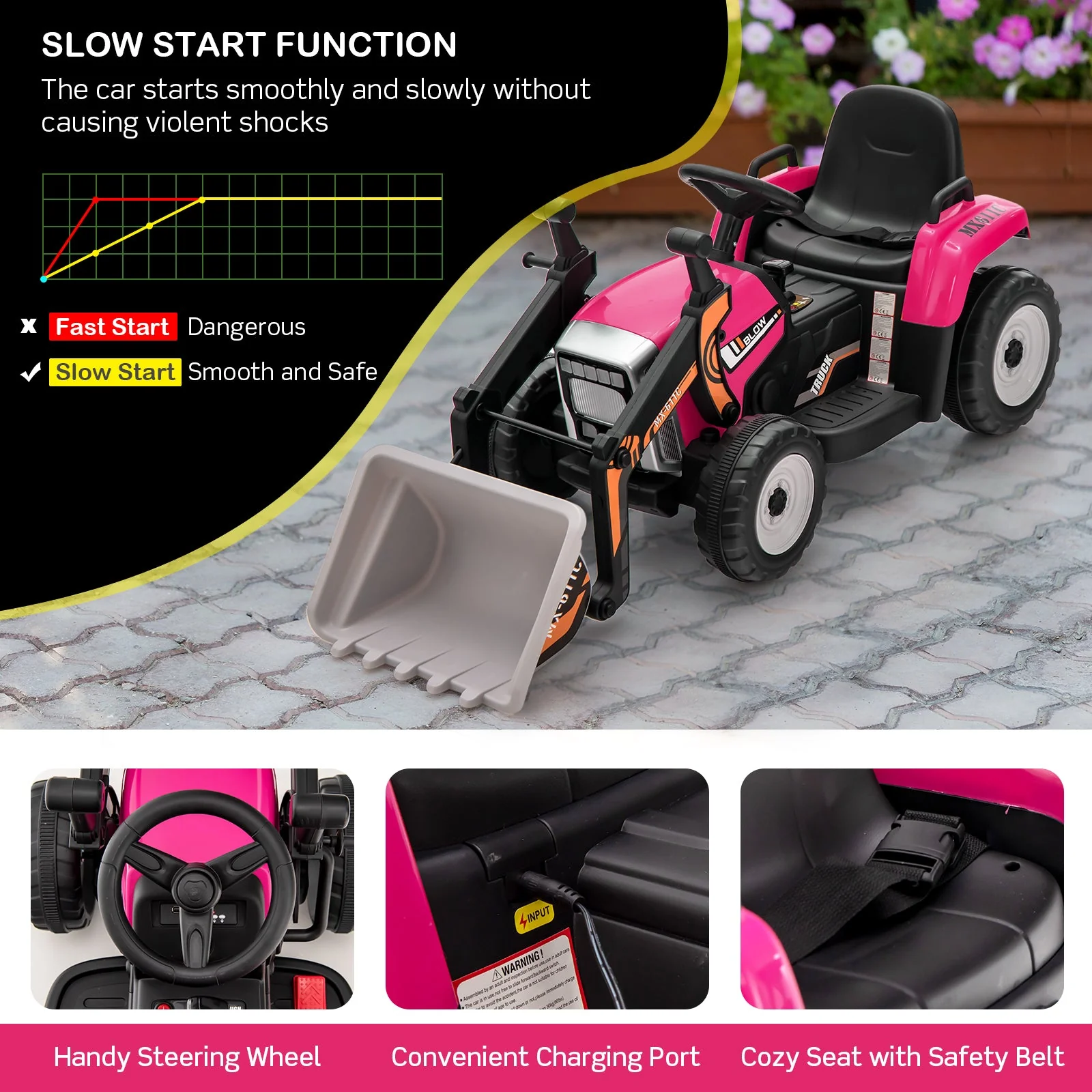 12V Battery Powered Kids Ride on Excavator with Adjustable Arm and Bucket-Pink - Image 3