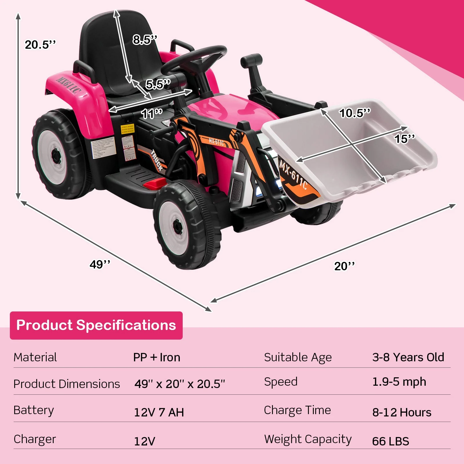 12V Battery Powered Kids Ride on Excavator with Adjustable Arm and Bucket-Pink - Image 4