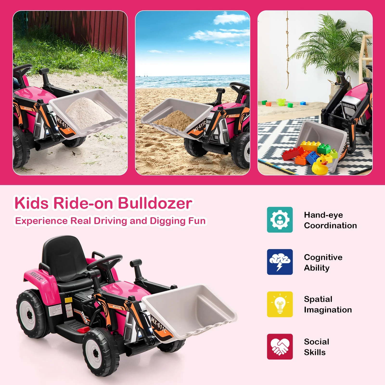 12V Battery Powered Kids Ride on Excavator with Adjustable Arm and Bucket-Pink - Image 5