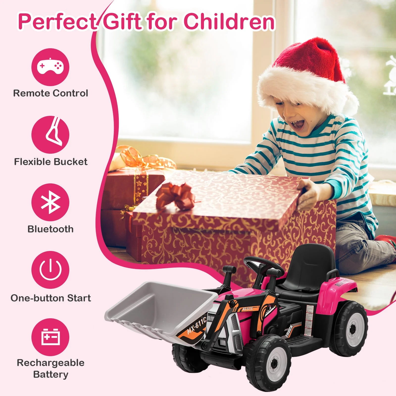 12V Battery Powered Kids Ride on Excavator with Adjustable Arm and Bucket-Pink - Image 7