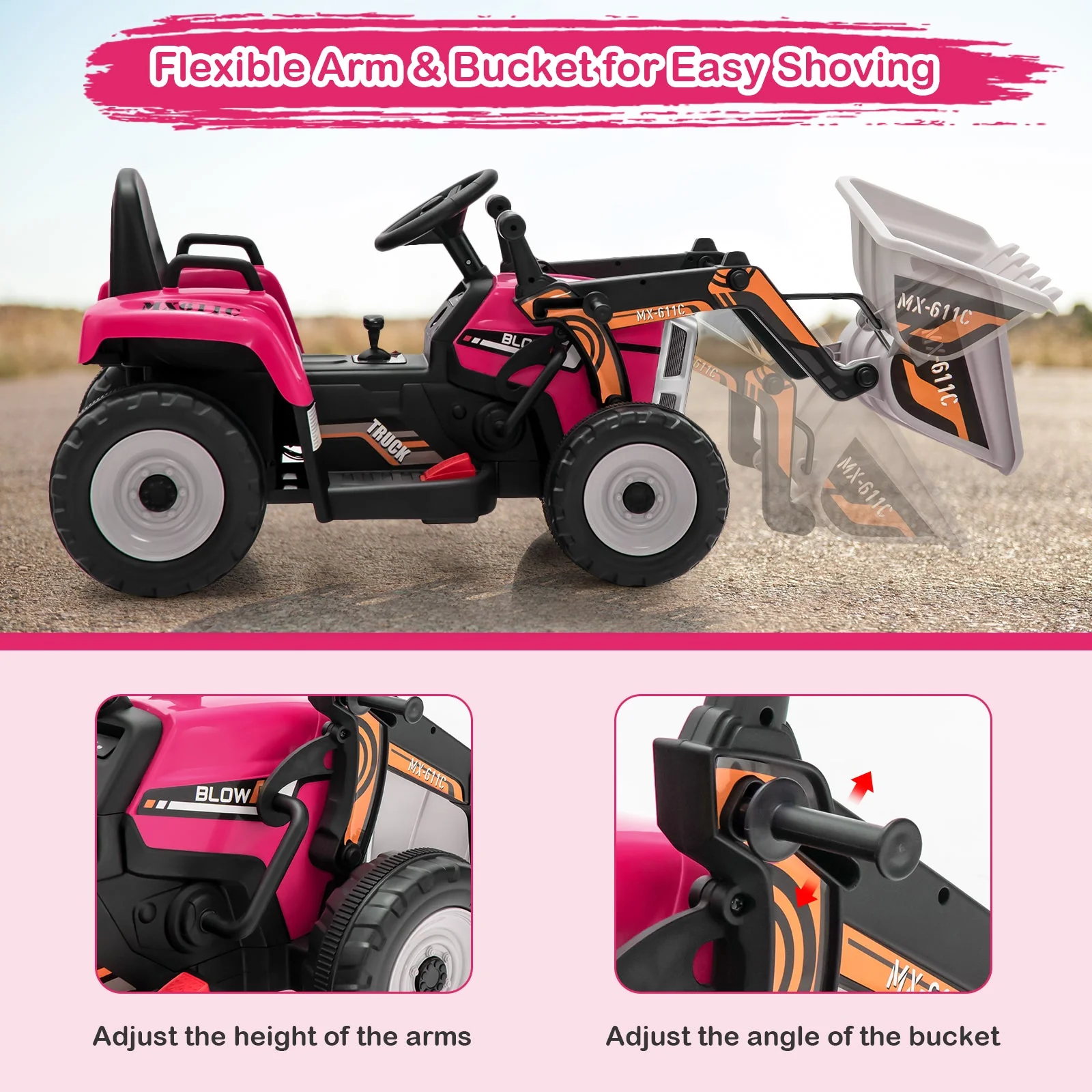 12V Battery Powered Kids Ride on Excavator with Adjustable Arm and Bucket-Pink - Image 8