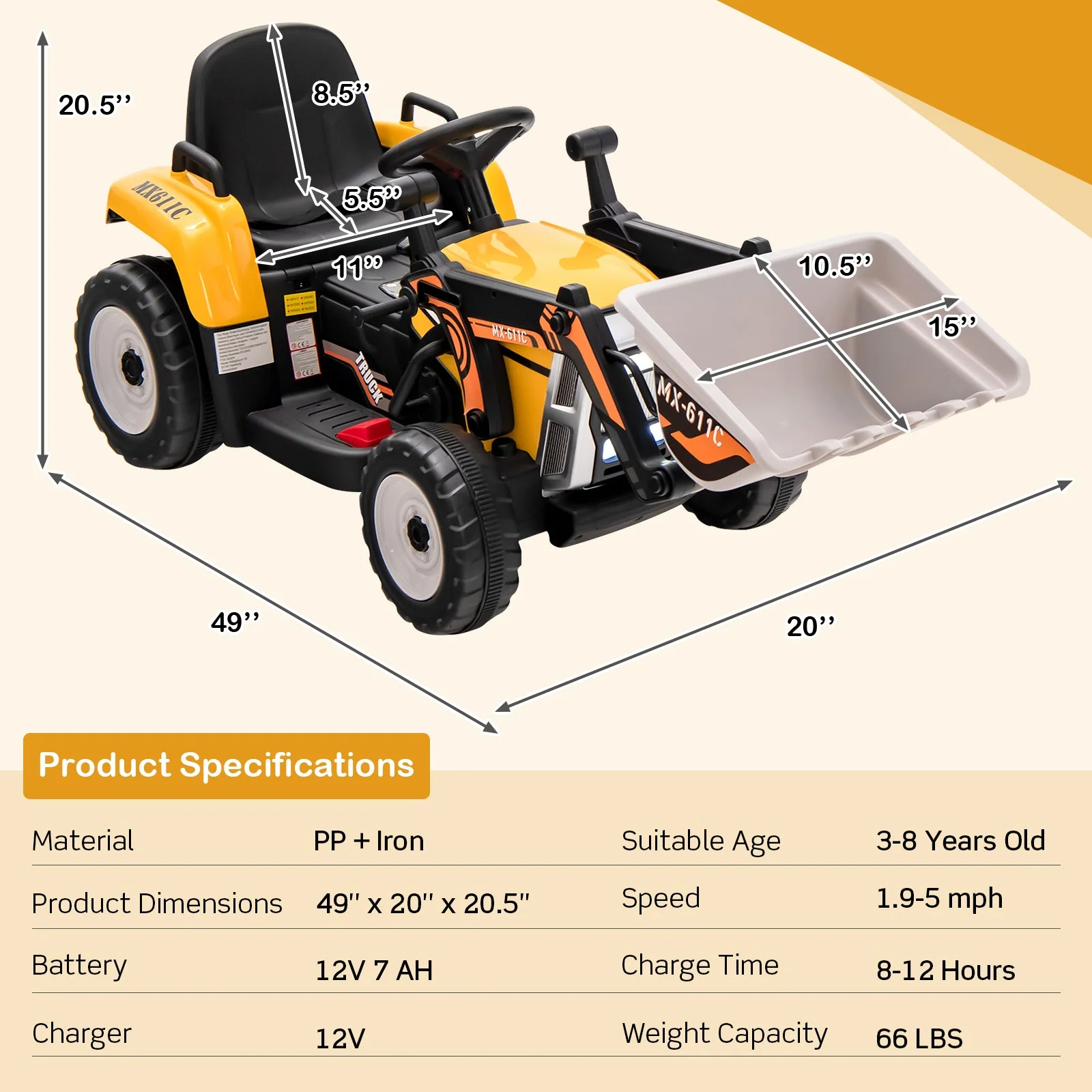 12V Battery Powered Kids Ride on Excavator with Adjustable Arm and Bucket-Yellow - Image 3
