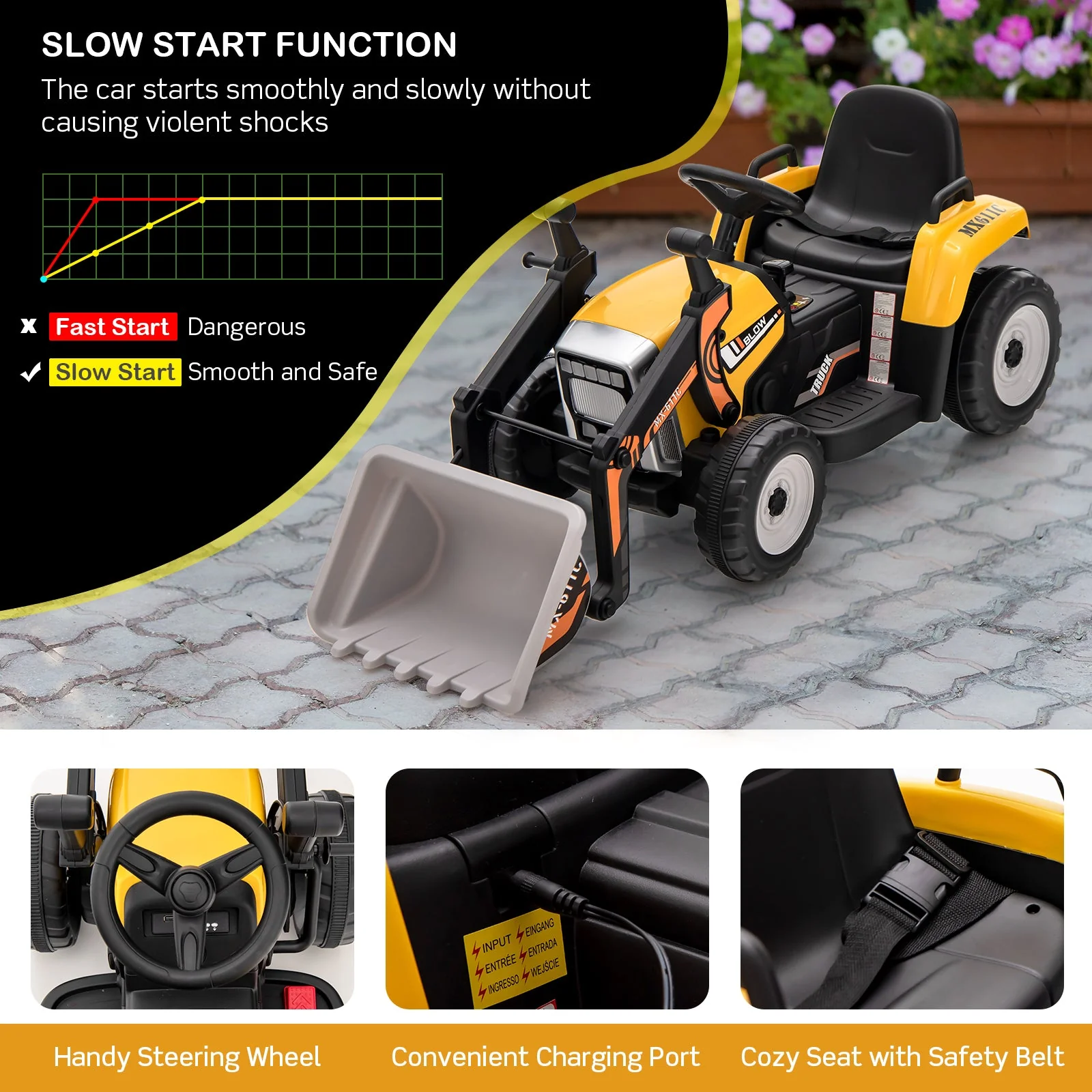 12V Battery Powered Kids Ride on Excavator with Adjustable Arm and Bucket-Yellow - Image 4