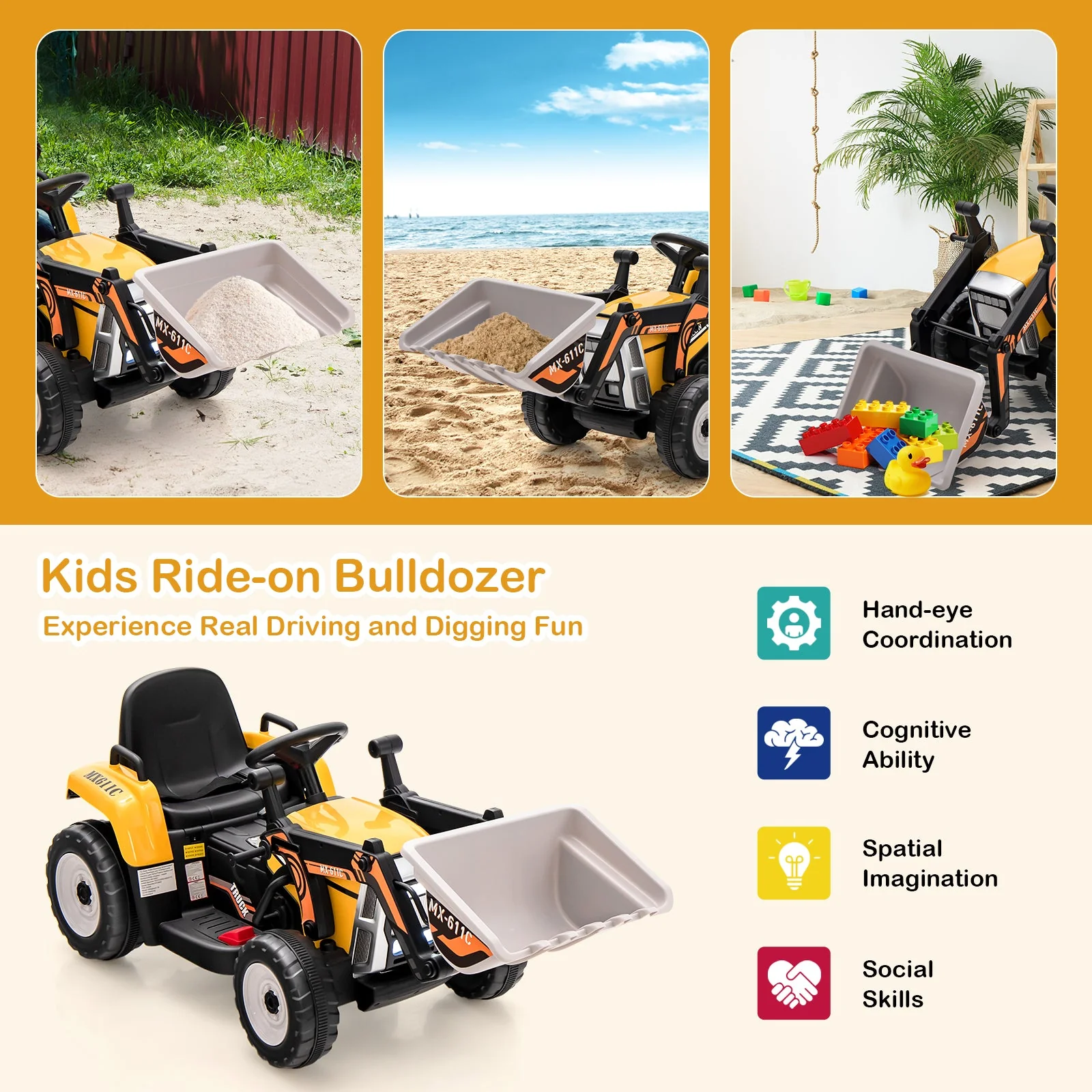 12V Battery Powered Kids Ride on Excavator with Adjustable Arm and Bucket-Yellow - Image 5