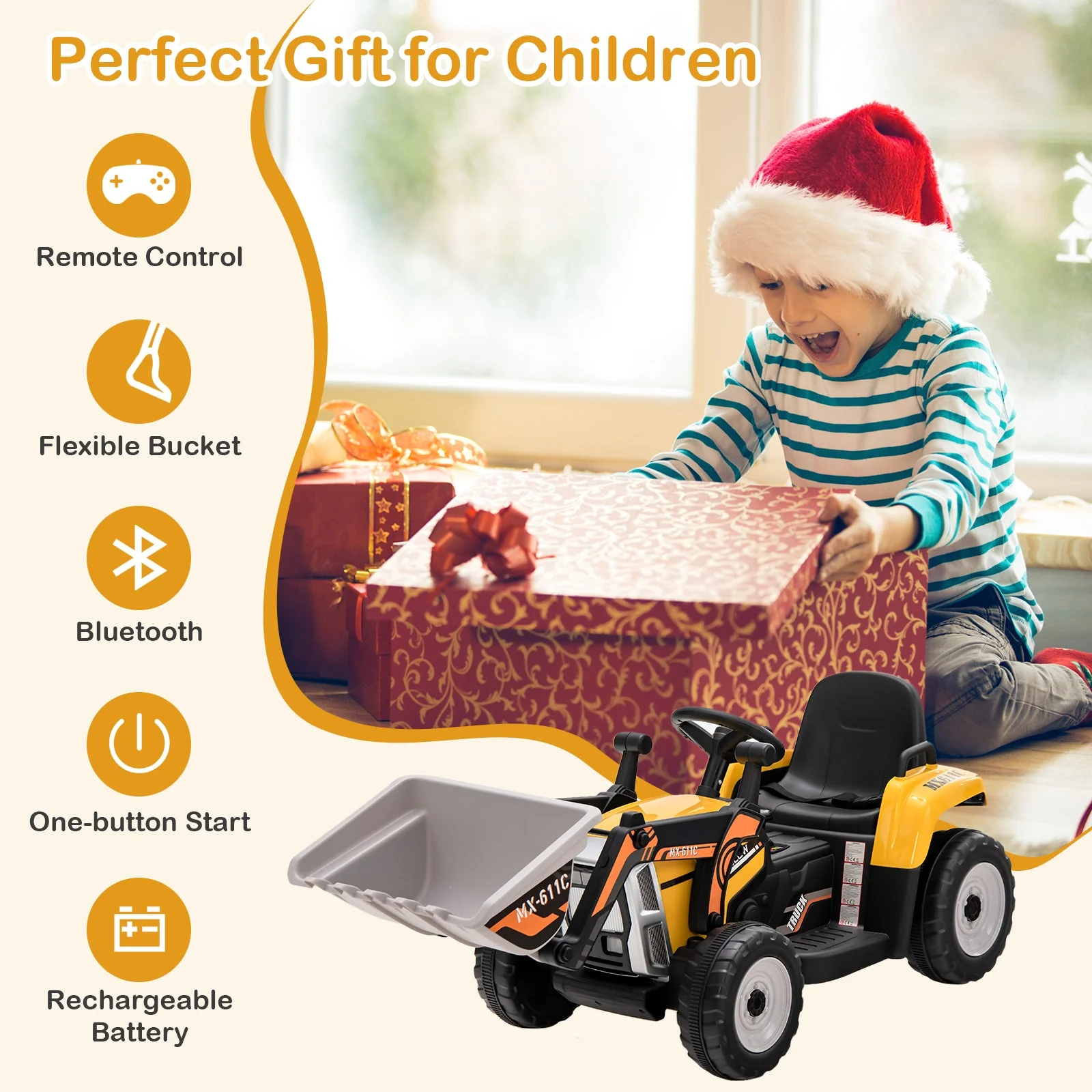 12V Battery Powered Kids Ride on Excavator with Adjustable Arm and Bucket-Yellow - Image 7