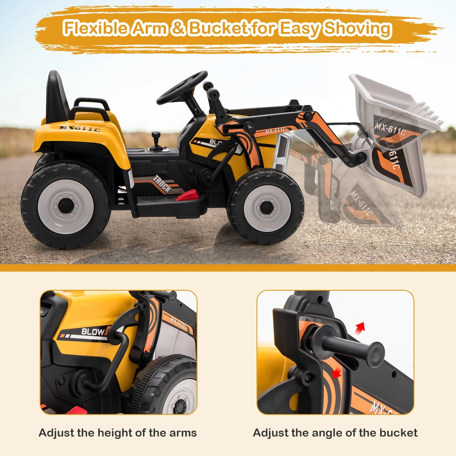 12V Battery Powered Kids Ride on Excavator with Adjustable Arm and Bucket-Yellow - Image 8