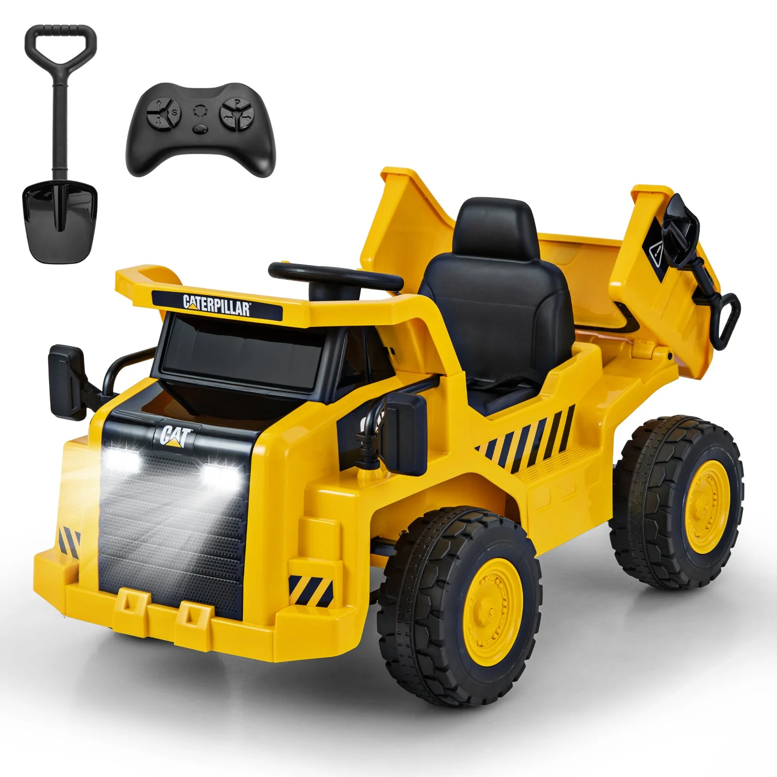 12V Caterpillar Licensed Kids Ride on Dump Truck with Tiltable Bump Bed-Yellow - Image 4